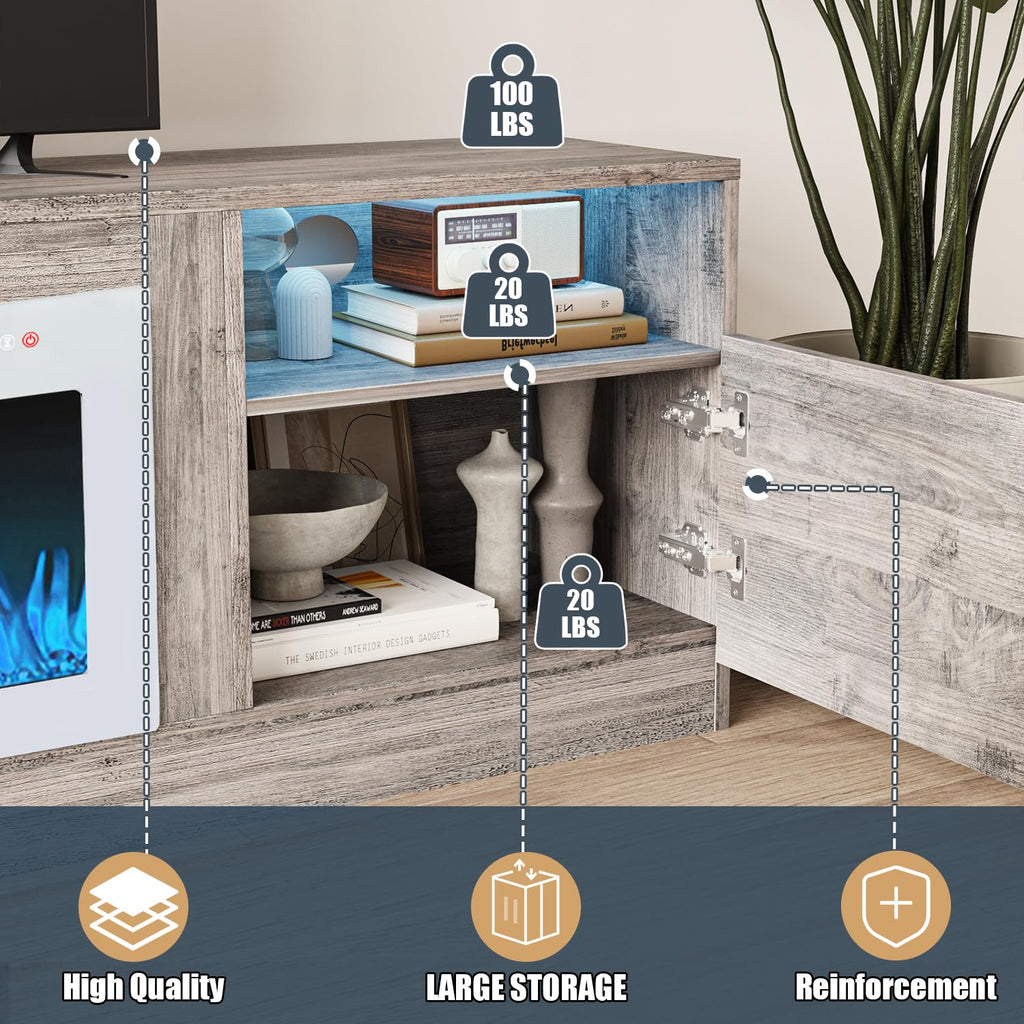 VITESSE 58 Inches Fireplace TV Stand for TVs up to 65 Inches Console with 18'' Electric Fireplace & Remote,Wooden Modern Entertainment Center for Living Room with LED Light Glass Shelves（Bei）
