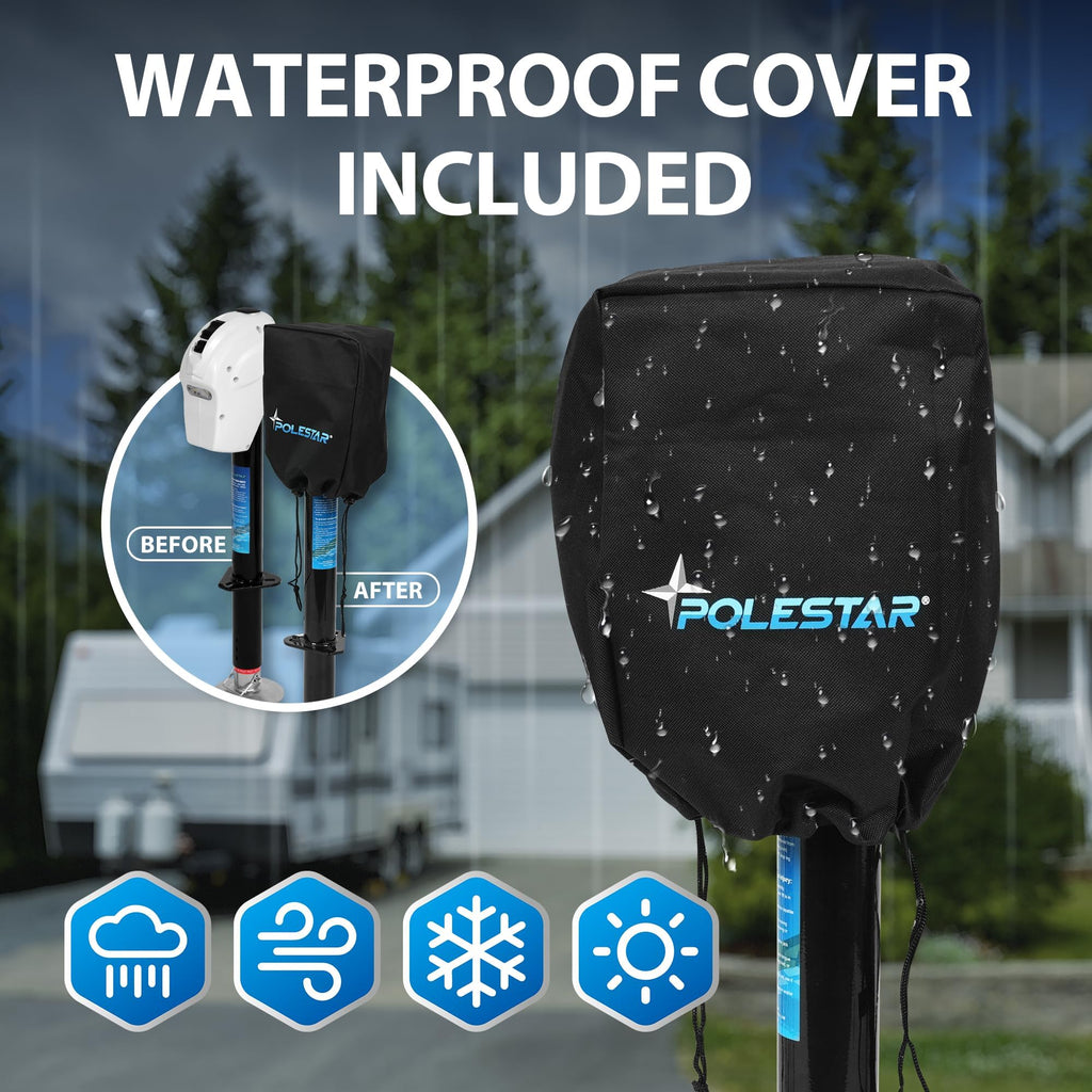 POLESTAR Electric Trailer Jack, 3500lbs Electric Power A- Frame Tongue Jack with Waterproof Protective Cover & LED Light for Travel Trailer Camper, RV, 12V DC with Hard Wiring, 9"-27" Lift