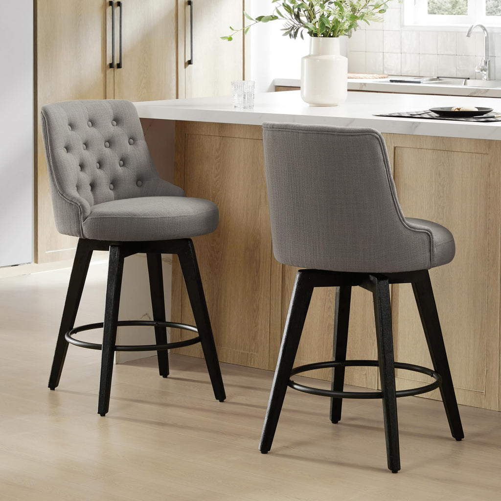 Watson & Whitely Counter Height Bar Stools, Performance Fabric Upholstered Modern Swivel Barstool with Back, Solid Wood Legs, 26" H Seat, Flint Grey