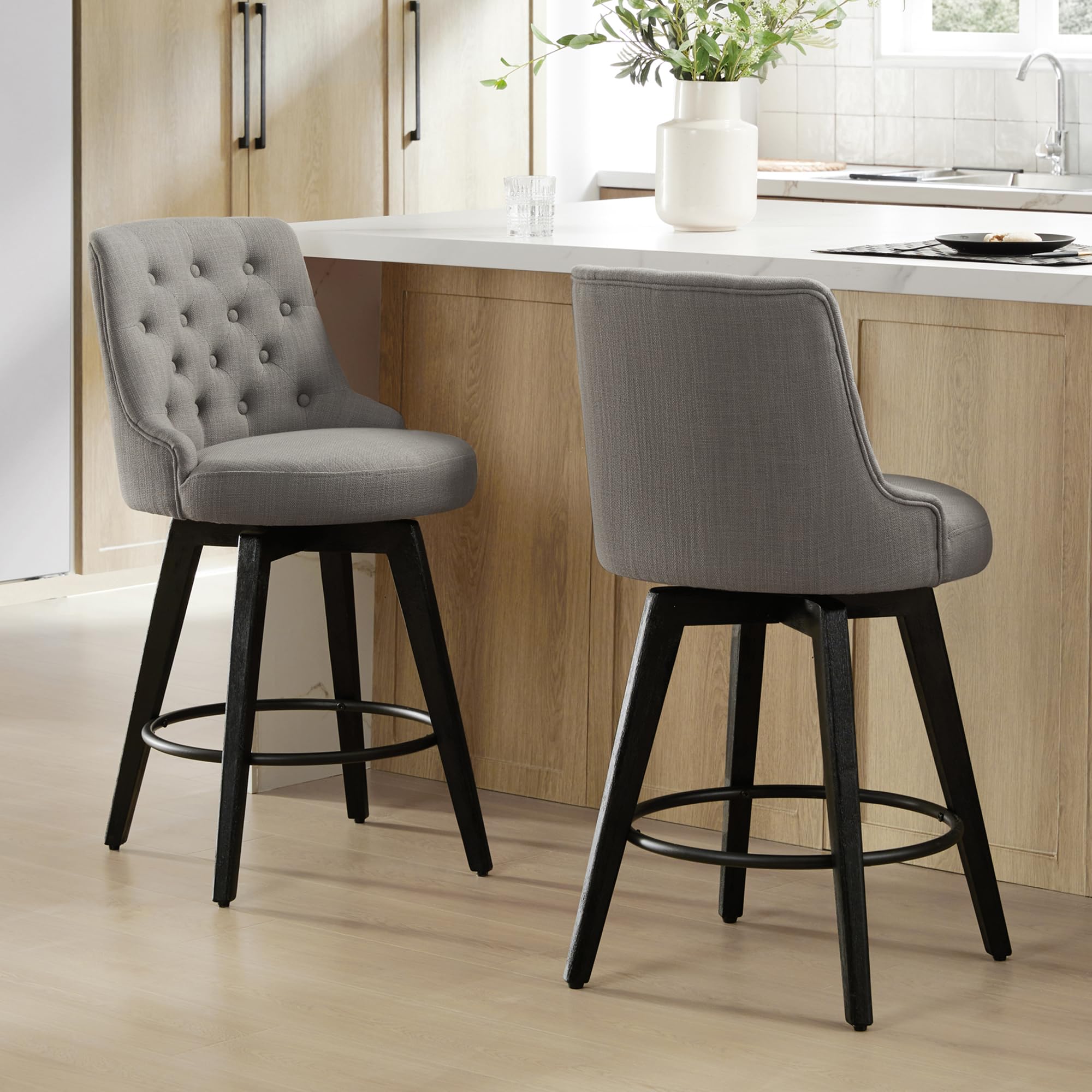Watson & Whitely Counter Height Bar Stools, Performance Fabric Upholstered Modern Swivel Barstool with Back, Solid Wood Legs, 26" H Seat, Flint Grey