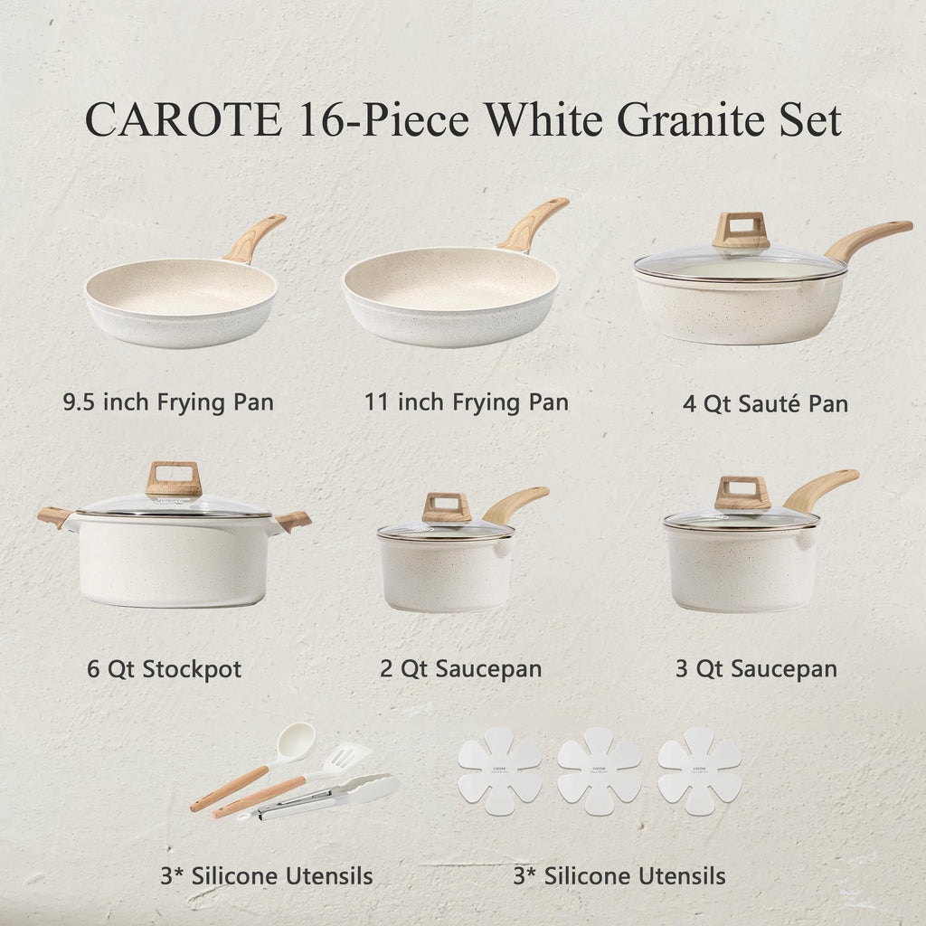 CAROTE 21pcs Pots and Pans Set Nonstick, Cookware Set Black Induction Kitchen Cooking Set w/Frying Pans & Saucepans(PFOS, PFOA Free)