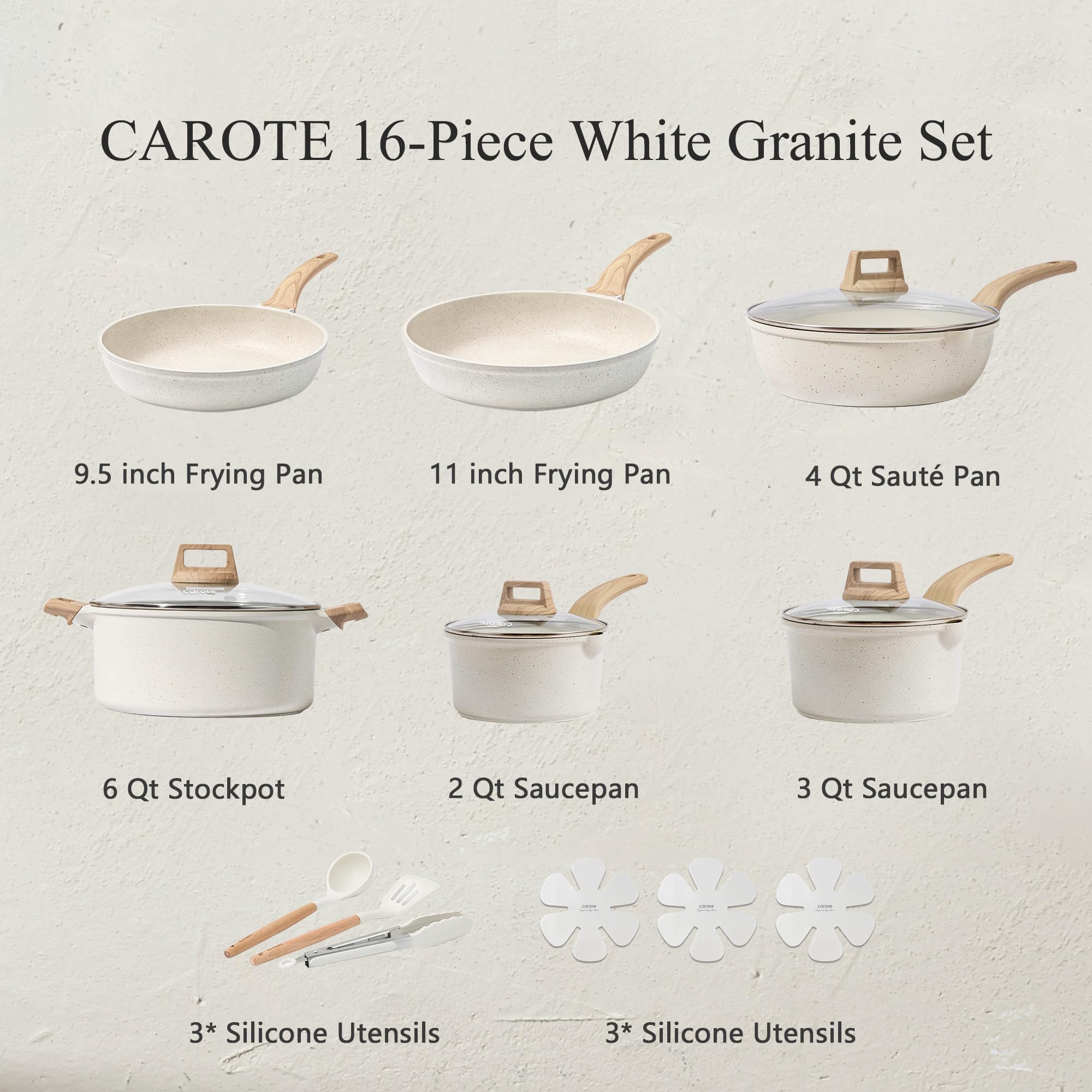 CAROTE 21pcs Pots and Pans Set Nonstick, Cookware Set Black Induction Kitchen Cooking Set w/Frying Pans & Saucepans(PFOS, PFOA Free)