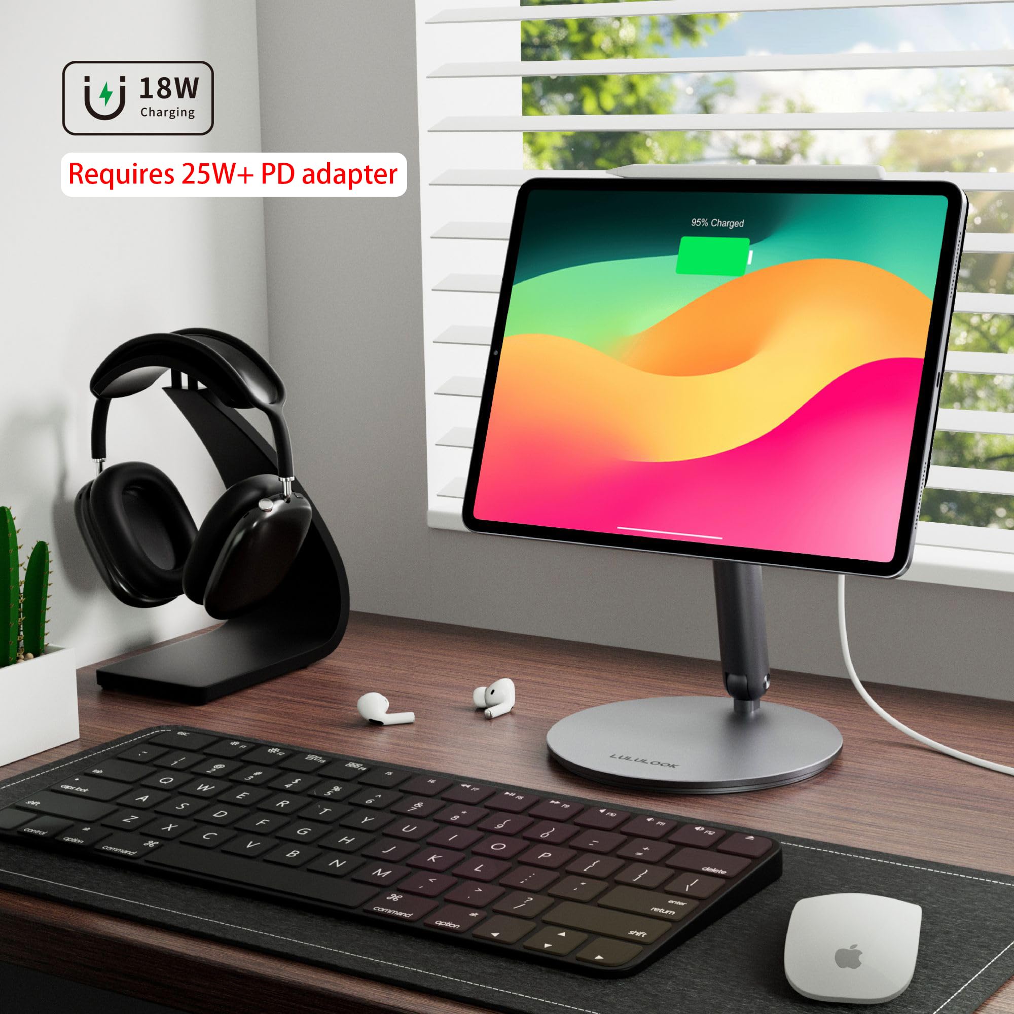 LULULOOK [Upgrade Magnetic Wireless Charging Stand for iPad Air 11" M4 (2026)/M3/M2, Foldable Aluminum Alloy iPad Pro Desk Stand with 360° Rotating Base for Pro 11" 1st/2nd/3rd/4th, Air 10.9 4th/5th