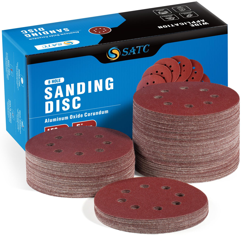 S SATC 72 PCS 5 Inch 8 Hole Hook and Loop Adhesive Sanding Discs Sandpaper for Random Orbital Sander 40 60 80 120 180 240 320 Grits