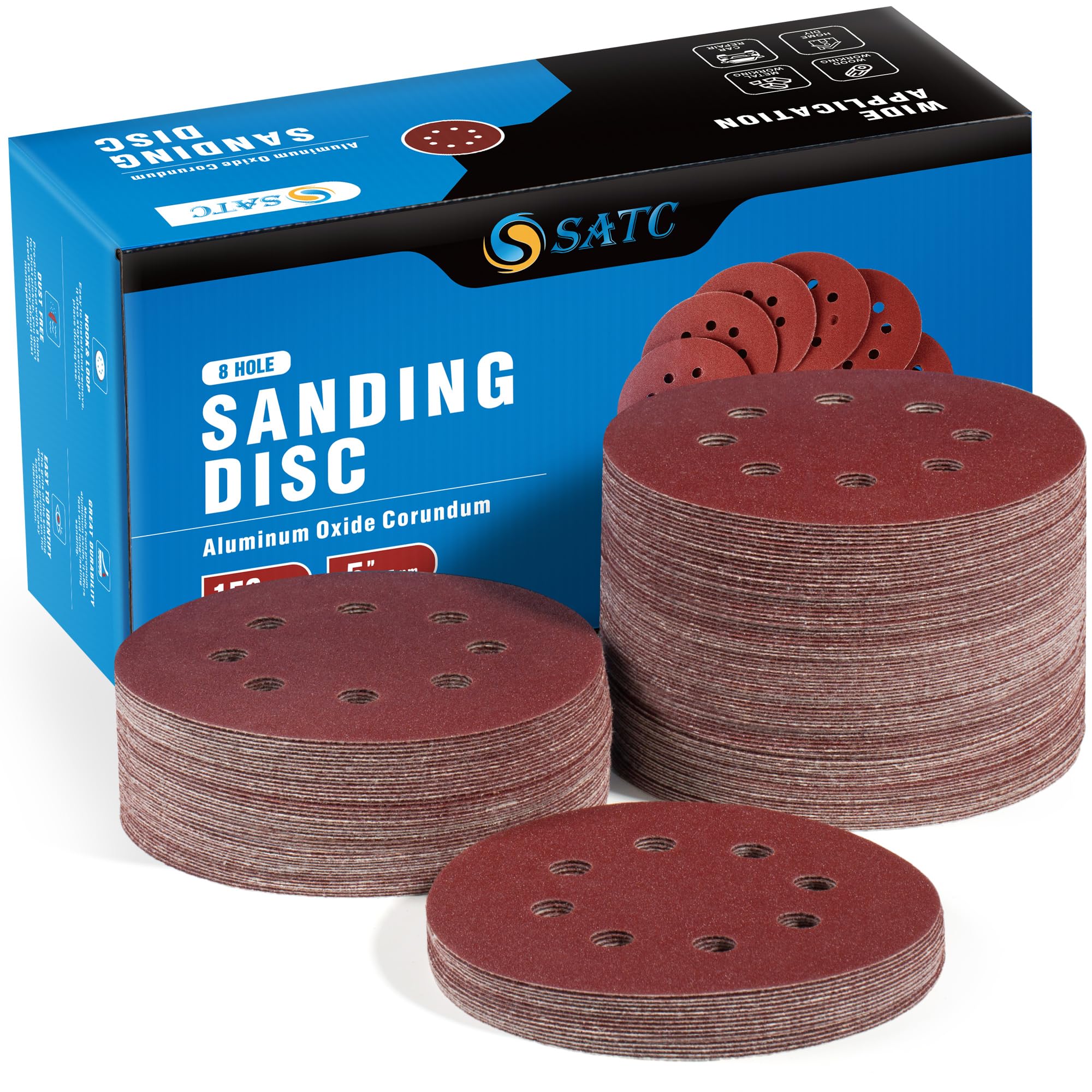 S SATC 72 PCS 5 Inch 8 Hole Hook and Loop Adhesive Sanding Discs Sandpaper for Random Orbital Sander 40 60 80 120 180 240 320 Grits