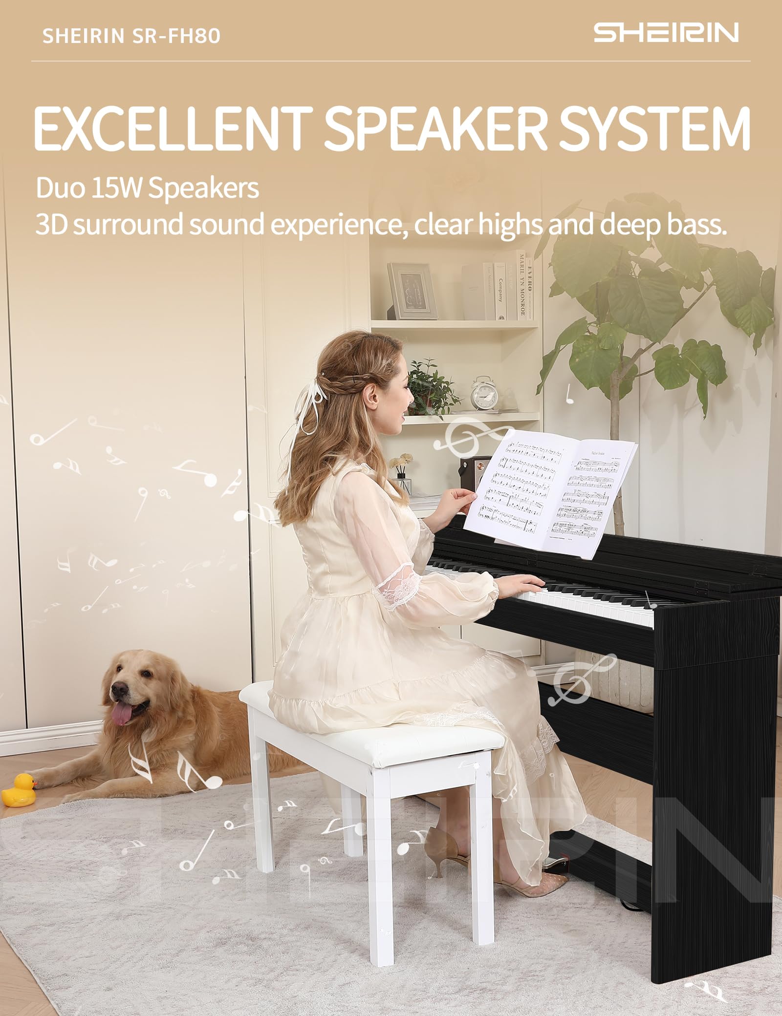 Digital Piano Hammer Action Keyboard 88 Keys Upright Acoustic Electric Weighted Piano Beginner MIDI Cover Full Size Sustain Pedal Stand Real Professional SR-FH80 (Beige Full Cover)