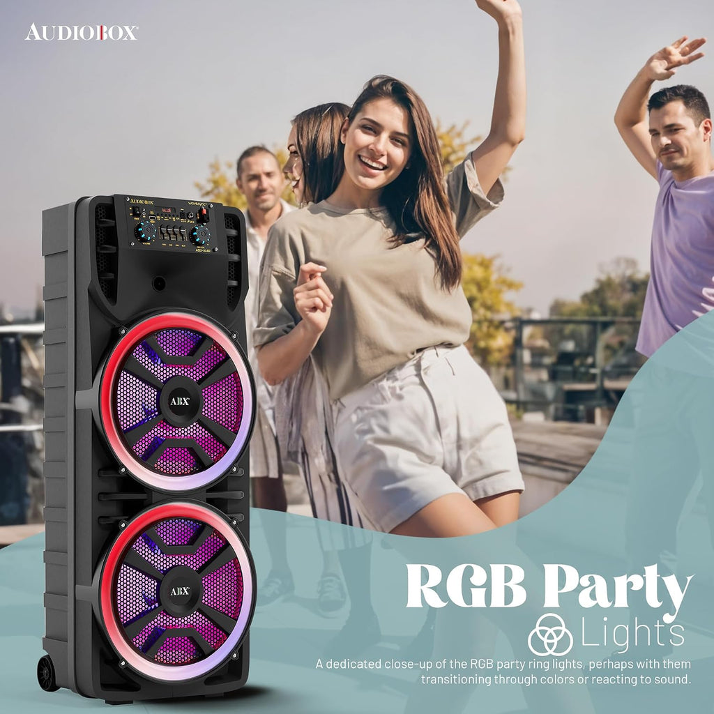 Audiobox ABX-214R Portable Bluetooth Speaker Karaoke Machine - Dual 12" Woofers, RGB Party Lights, AUX, Lightweight with Loud Bass, Singing Machine with Bluetooth & Wireless Microphone - 37-Inch Tall