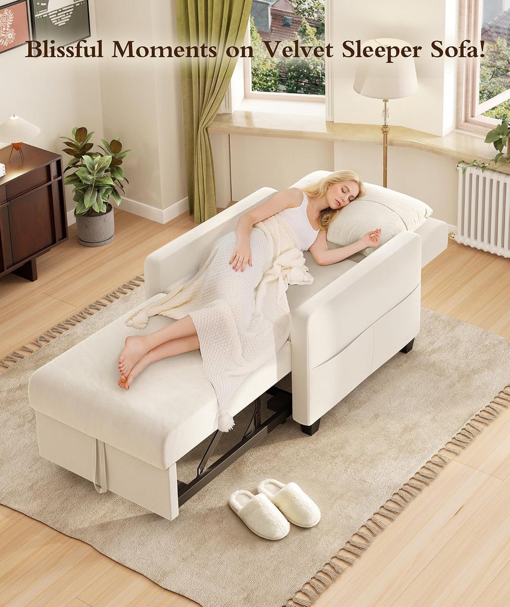 Sleeper Sofa Chair, 3 in 1 Convertible Sleeper Chair with Adjustable Backrest, 32" Pull Out Couch Bed 400lbs Support, Comfy Velvet Small Sofa Bed for Small Space with Pillow & 2 Pockets, Beige