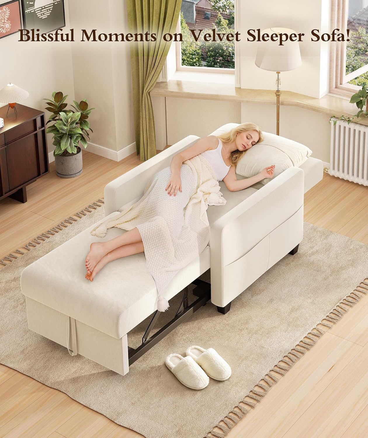 Sleeper Sofa Chair, 3 in 1 Convertible Sleeper Chair with Adjustable Backrest, 32" Pull Out Couch Bed 400lbs Support, Comfy Velvet Small Sofa Bed for Small Space with Pillow & 2 Pockets, Beige