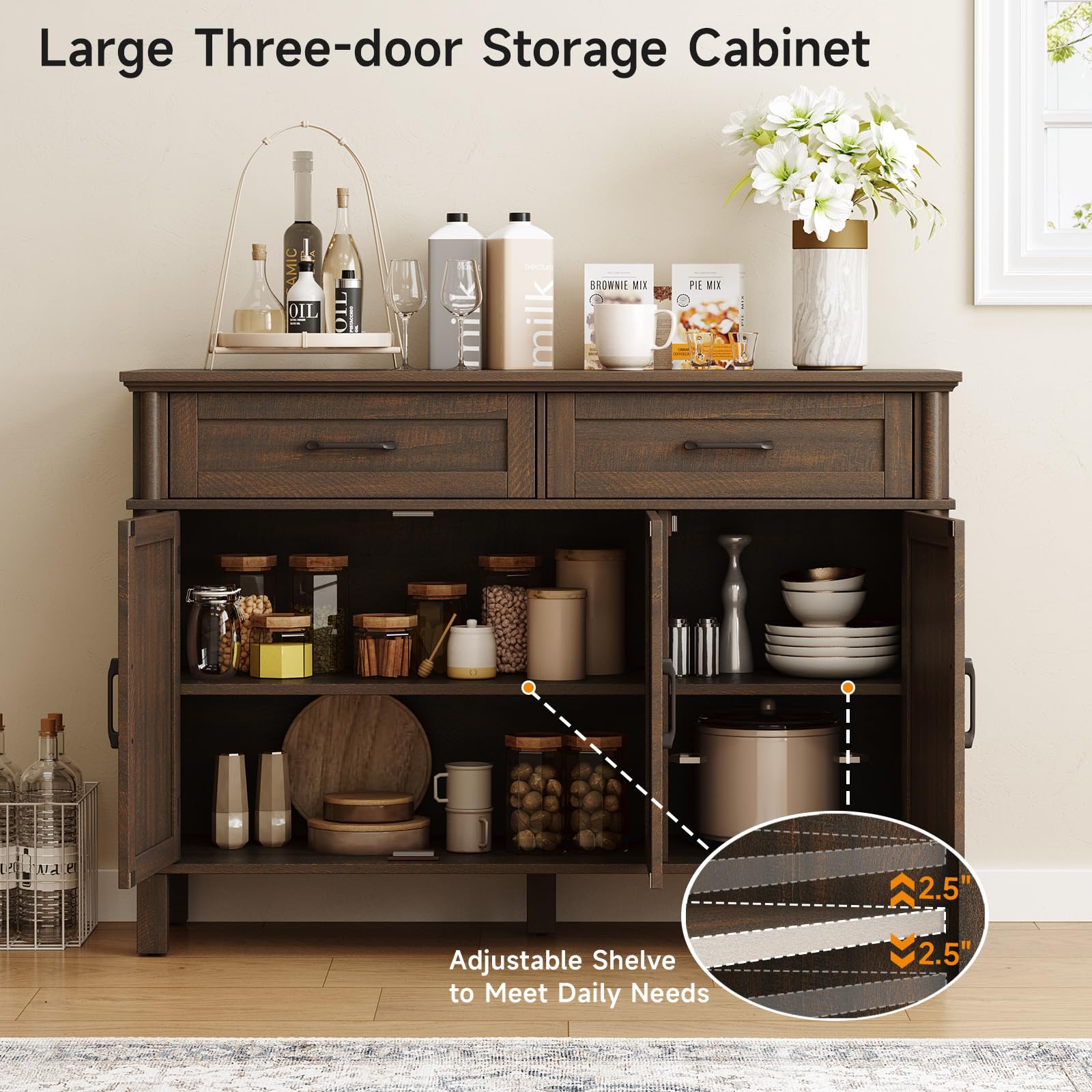 ONBRILL 48 Inches Buffet Cabinet with Storage, Farmhouse Sideboard Buffet w/2 Drawers and 3 Doors, Wood Coffee Bar Cabinet with Adjustable Shelves, Sideboard Storage for Kitchen, Living Room, Black