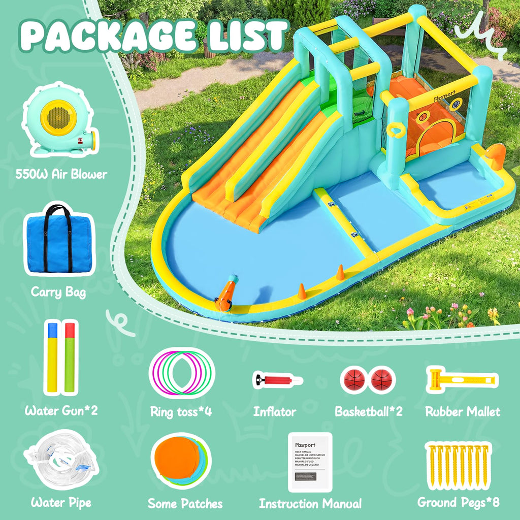 FBSPORT Inflatable Bounce House Double Slide,Water Slide Park Bounce House with Ball Pit,Water Cannon, Climbing Wall, Kids Bouncy Castle with 550W Air Blower for Backyard, Outdoor, Indoor
