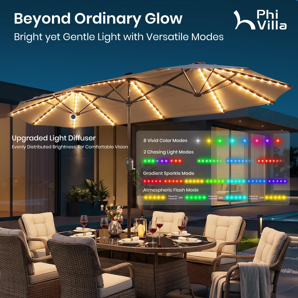PHI VILLA 13ft Patio Umbrella with Solar-Powered 120 PCS LED Color-Changing Lights, Triple-Head Large Rectangle Umbrella Outdoor Patio for Table with Crank Lift,Beige(No Base)