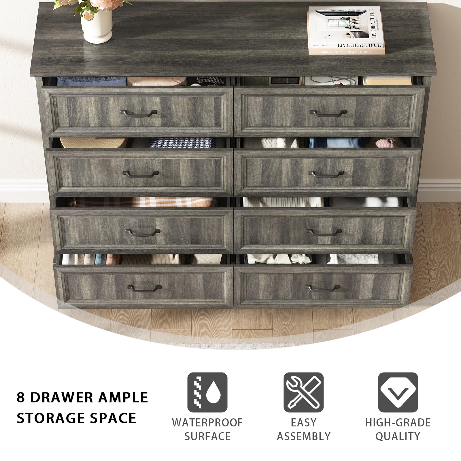 Farmhouse 5 Drawers Dresser for Bedroom, 44" Tall Brown dresser Wood Rustic Chest of Drawers with Wide Metal Handle,Natural Texture,Drawer Organizer for Bedroom,Living Room,Hallway and Entryway