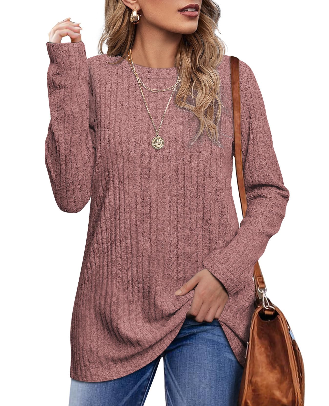 OFEEFAN Long Sleeve Shirts for Women Loose Fit Crew Neck Tunic Tops Blouse Dressy Casual Fall Winter Clothes Outfits