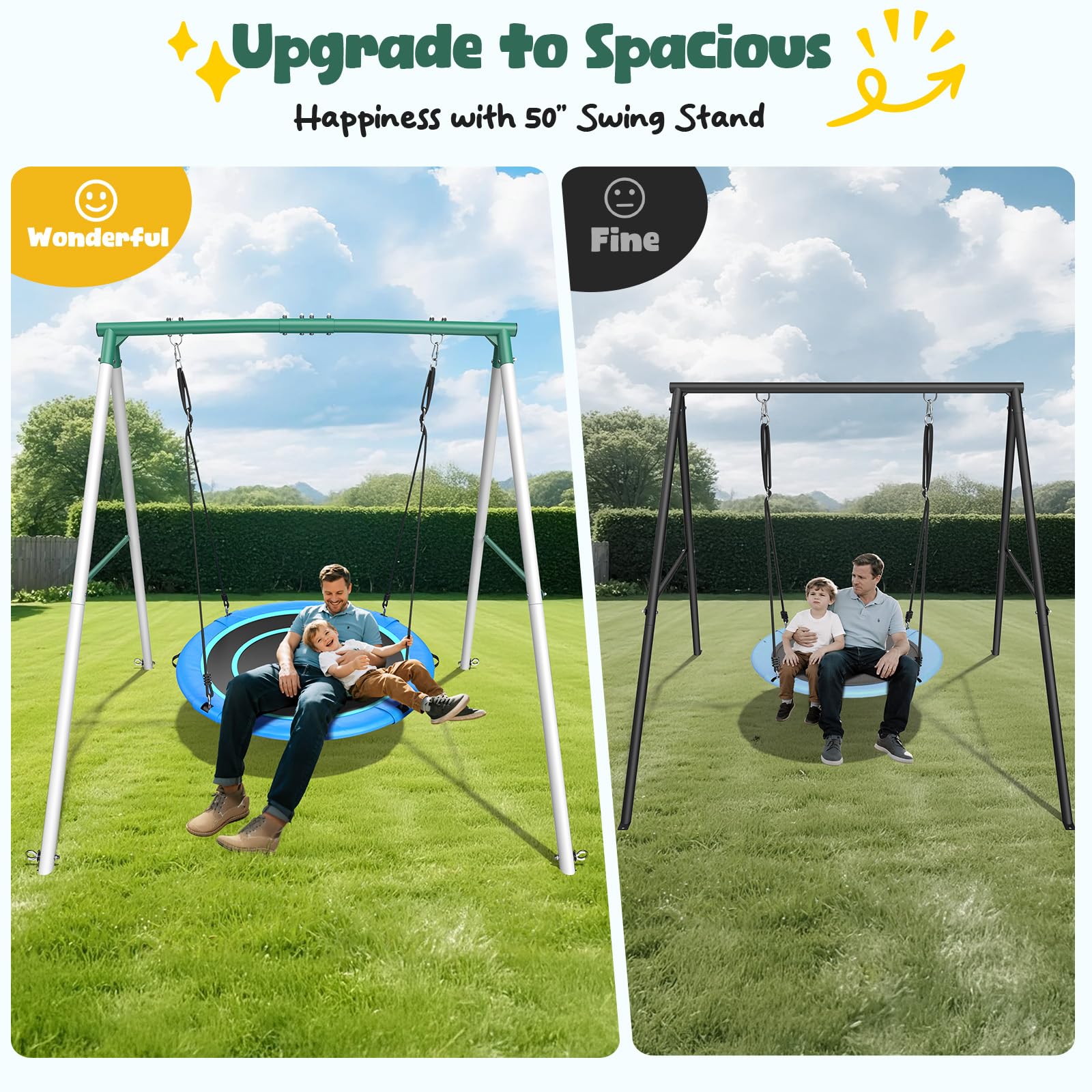 Hapfan 50" Large Saucer Swing with Frame for Kids Outdoor, 6.5 ft Tall 500 lbs Swing Sets for Backyard, Heavy Duty Metal Outdoor Swingset for Adults