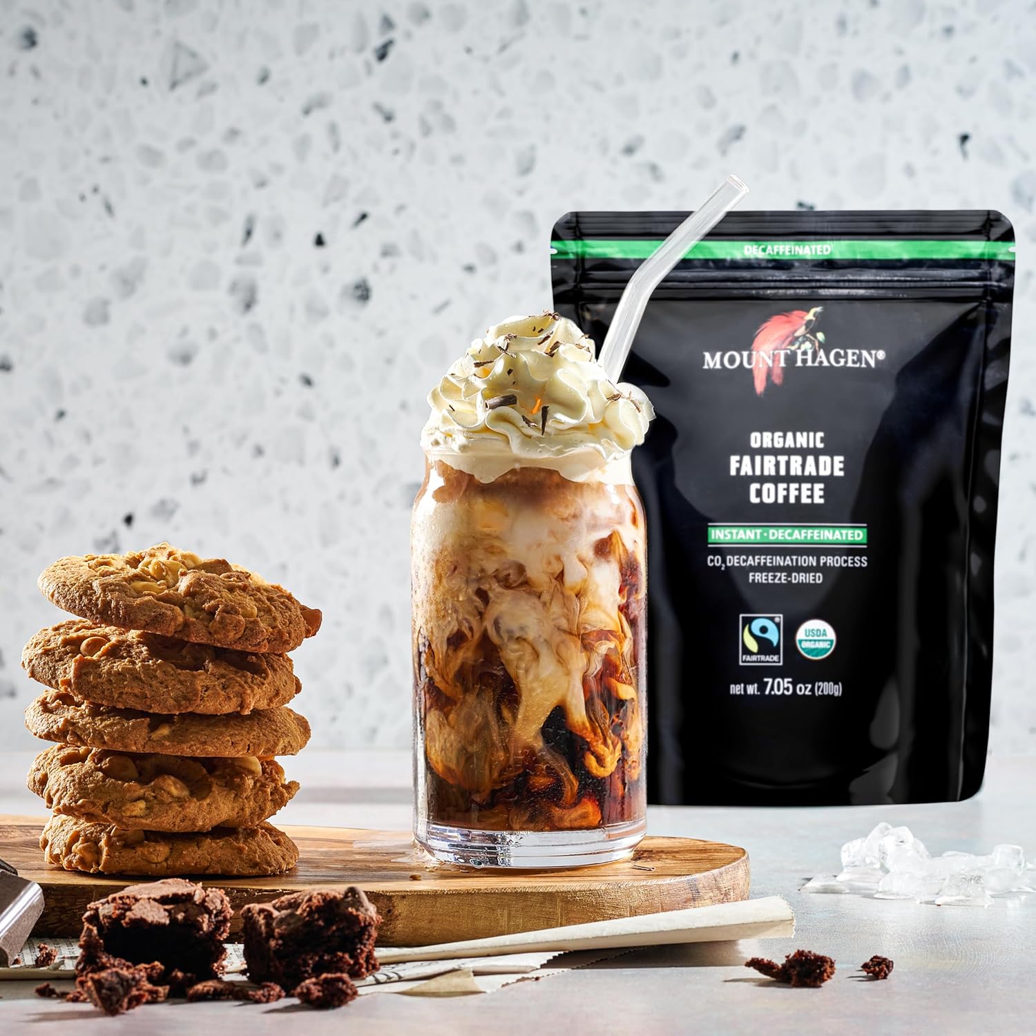 Mount Hagen 7.05oz Organic Freeze Dried Instant Caffeinated + Decaffeinated Coffee Resealable Pouch Bags - 2 Pack | Eco-friendly, Fair-Trade Coffee, Medium Roast Arabica Beans [2x7.05oz]