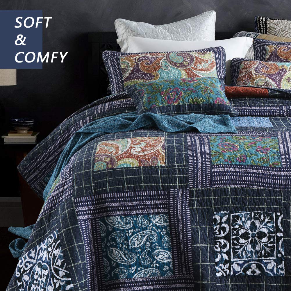 Secgo Twin Comforter Set for Bed - 100% Cotton Quilts Twin Size, Black Bedspreads with 2 Pillow Shams, Patchwork Reversible Lightweight Bedding
