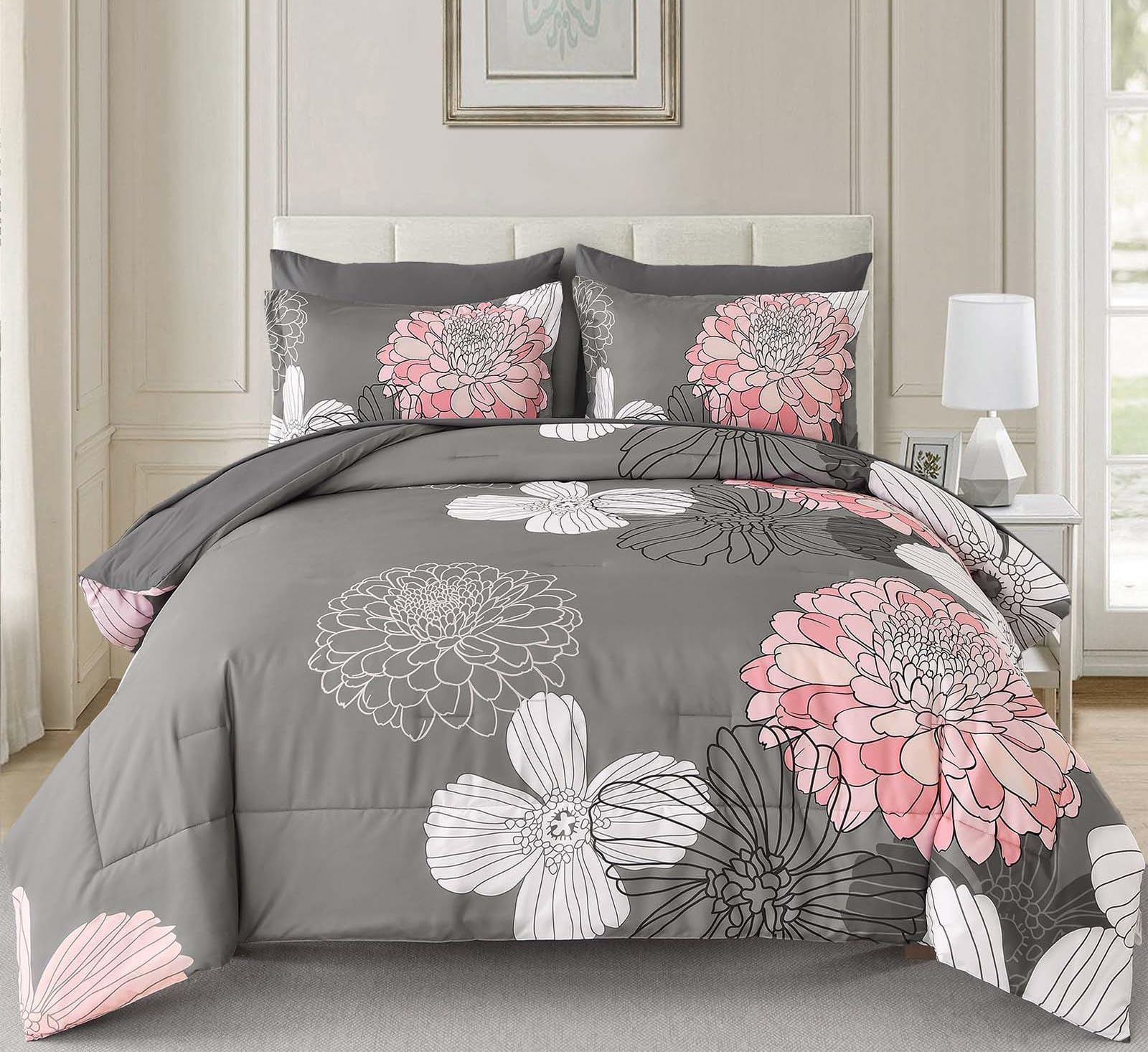 Yiran 7 Pieces Bed in a Bag Blue Floral Comforter Set Queen Size Flowers Comforter Set Soft Microfiber Bedding Set (1 Comforter 1 Flat Sheet 1 Fitted Sheet 2 Pillowshams 2 Pillowcases)