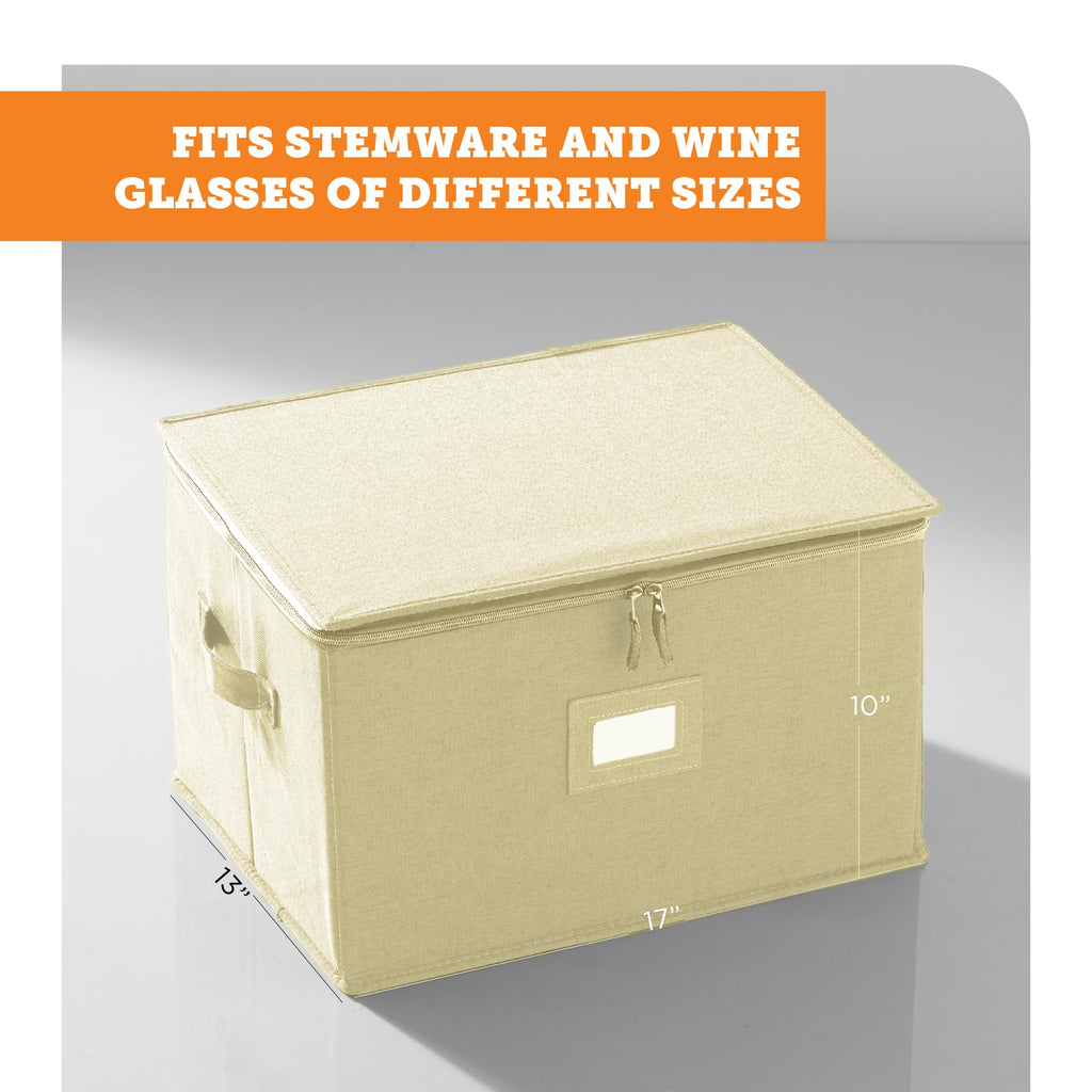storageLAB Wine Glass Storage Containers, Hard Shell Organizer for Stemware and Glassware Sets, Stackable Wine Glass Storage Box with Dividers for Kitchen and Moving Supplies - 1 Pack, Cream