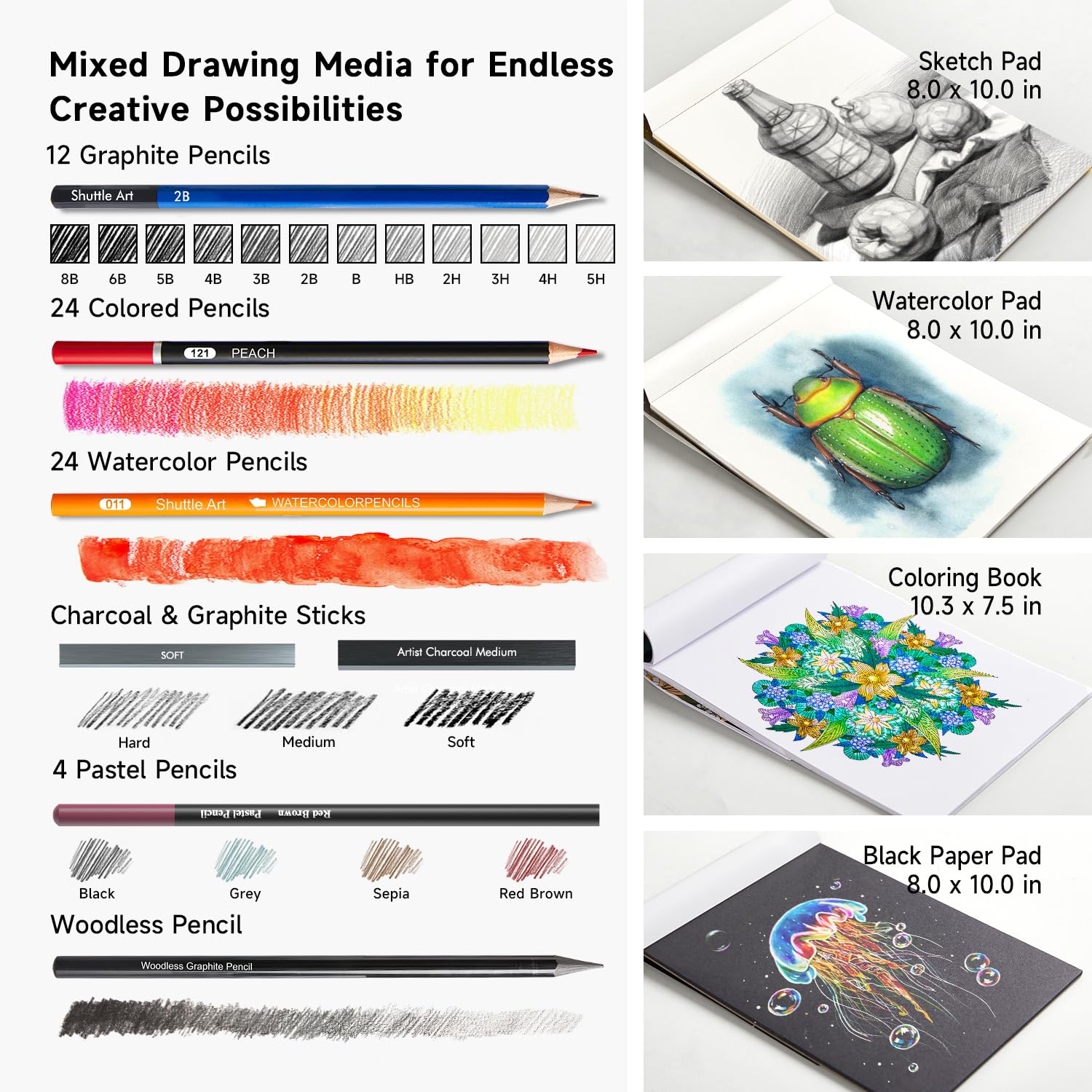 Shuttle Art 103 PCS Drawing Kit, Professional Drawing Supplies with Sketch, Charcoal, Colored, Graphite, Pastel Pencils & Sticks, Complete Drawing Tools and Paper Pads in Zipper Case for Artists&Kids