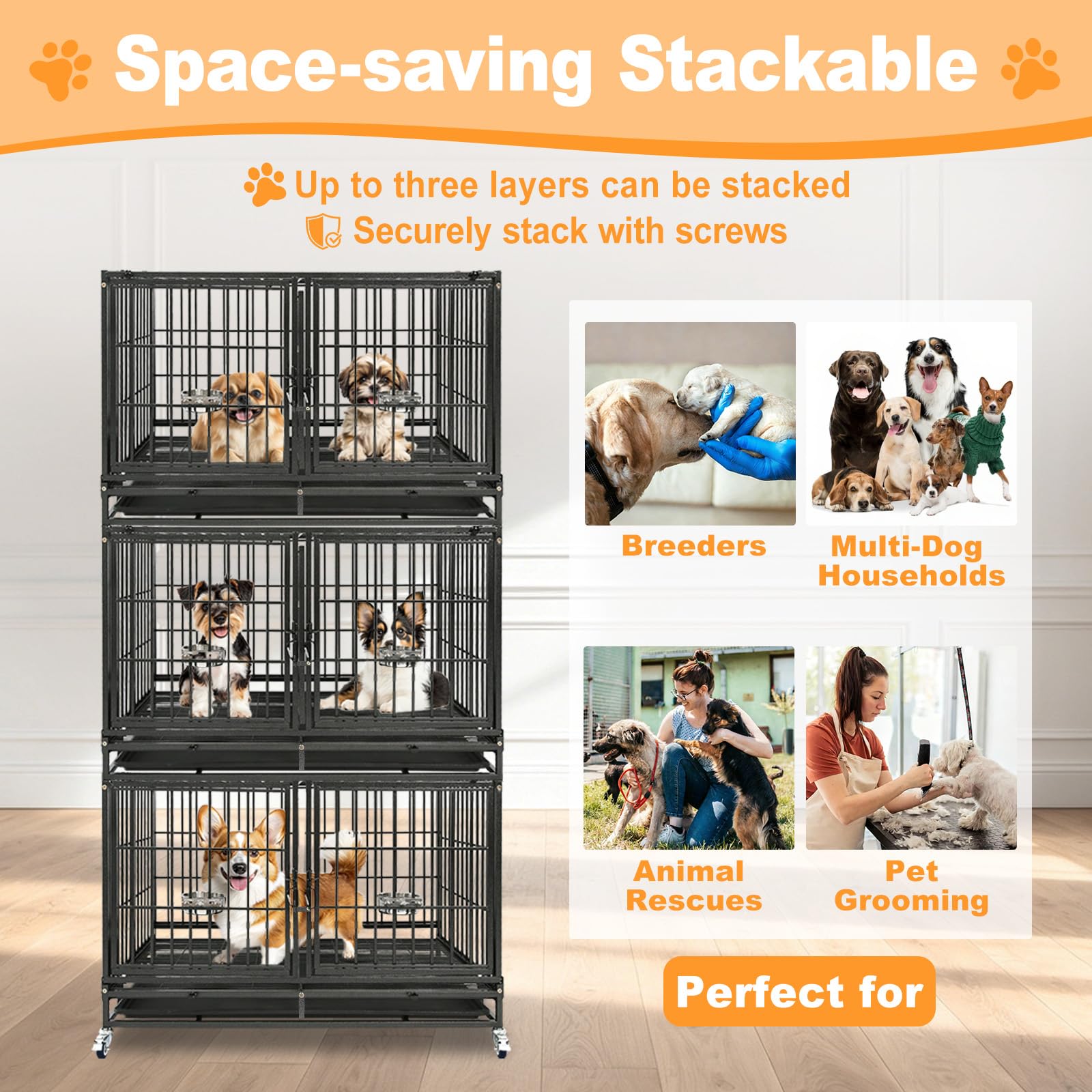 Homey Pet 37 inch Stackable Heavy Duty Dog Crate, Indestructible Escape Proof Dogs Cage Kennel with Lockable Wheels, Removable Tray & Metal Grid, Double Doors for High Anxiety Medium/Small Dogs