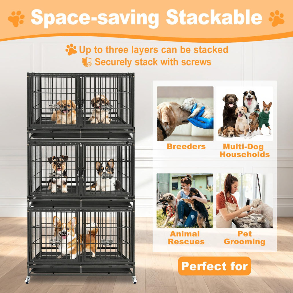 Homey Pet 37 inch Stackable Heavy Duty Dog Crate, Indestructible Escape Proof Dogs Cage Kennel with Lockable Wheels, Removable Tray & Metal Grid, Double Doors for High Anxiety Medium/Small Dogs