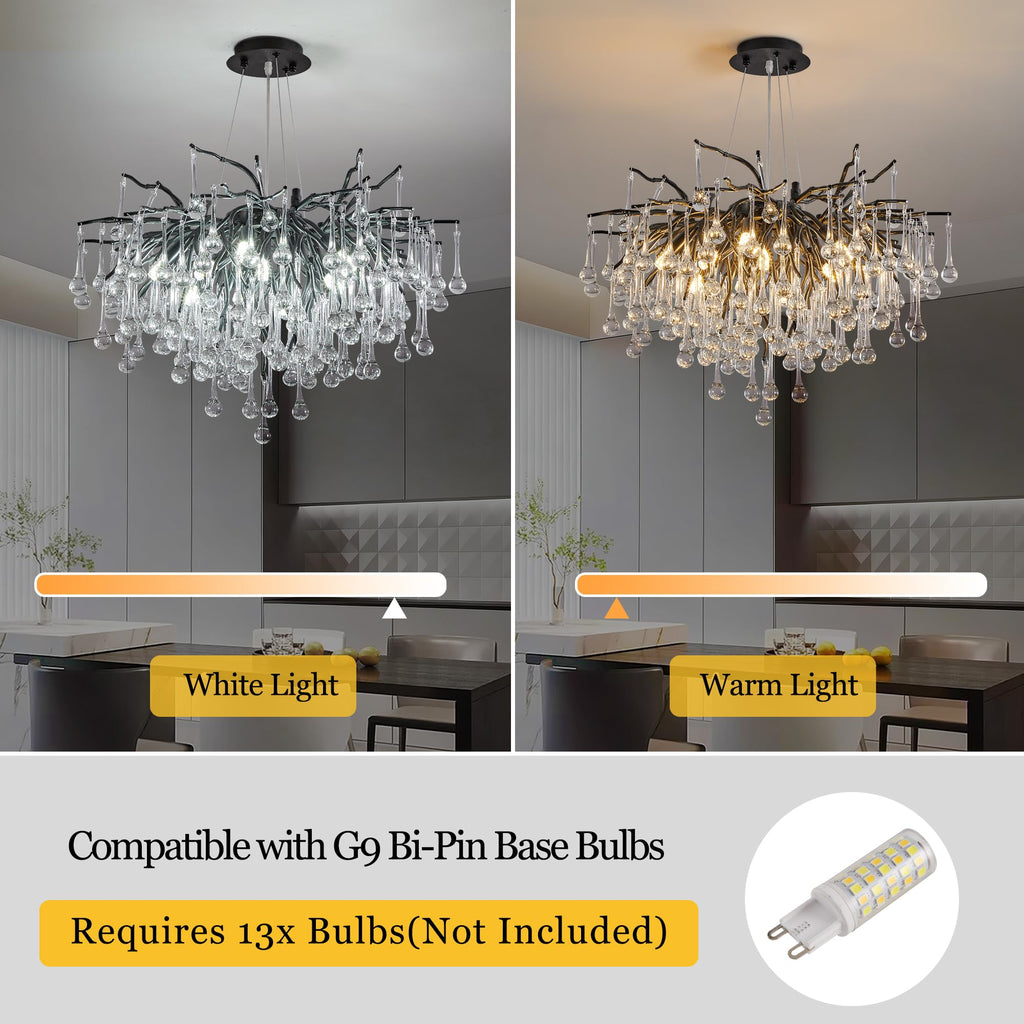 Modern Crystal Raindrop Chandelier, L40'' Black Linear Rectangle Art Deco Tree Branch Lighting Fixture for Kitchen Island Living Room Foyer Staircase 10 Lights