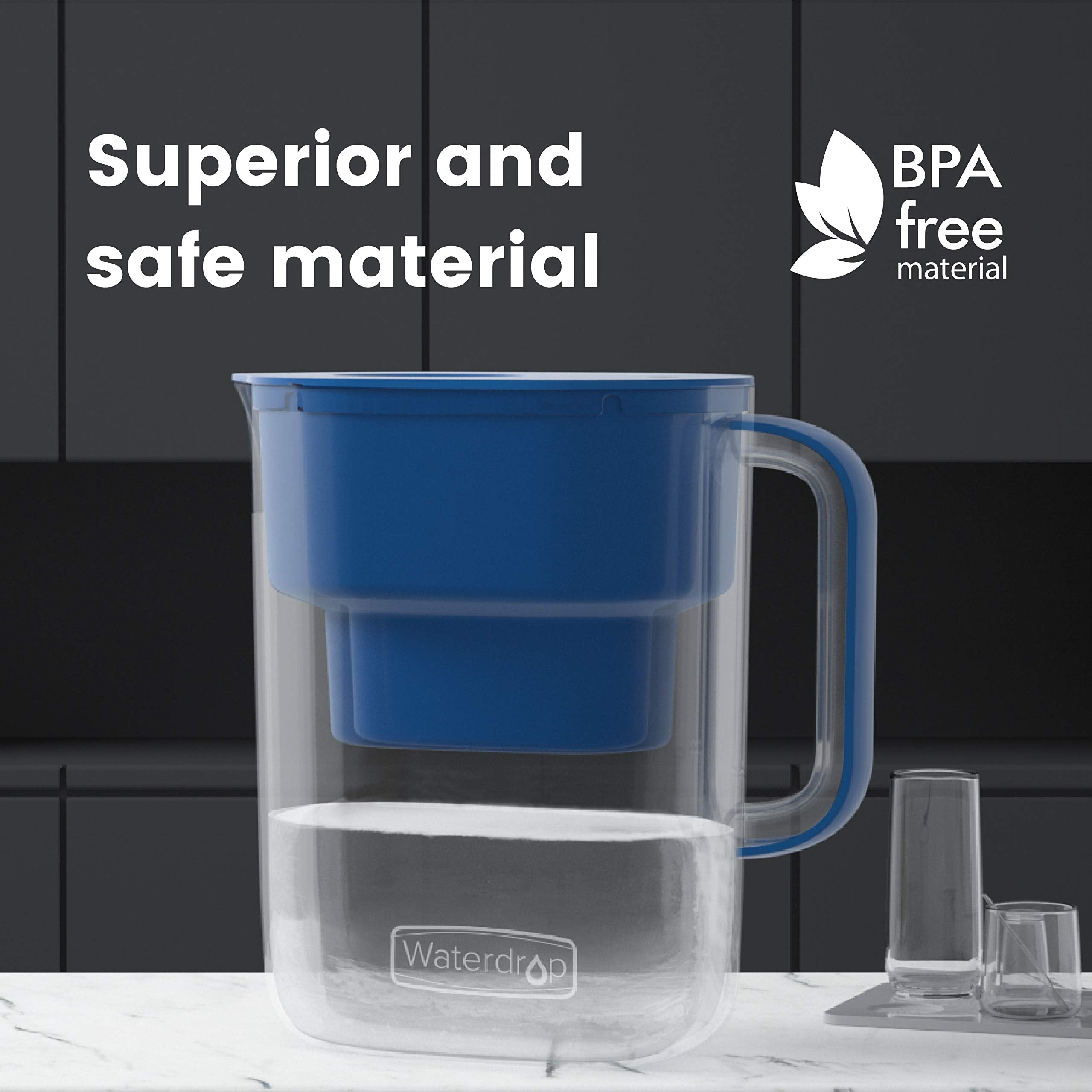 Waterdrop PT-07B Water Filter Pitcher, 10-Cup, NSF Certified Water Filter Pitcher, 200-Gallon Long-Life Filter, Reduces PFOA/PFOS and Chlorine, 5X Longer Filter Life, Blue