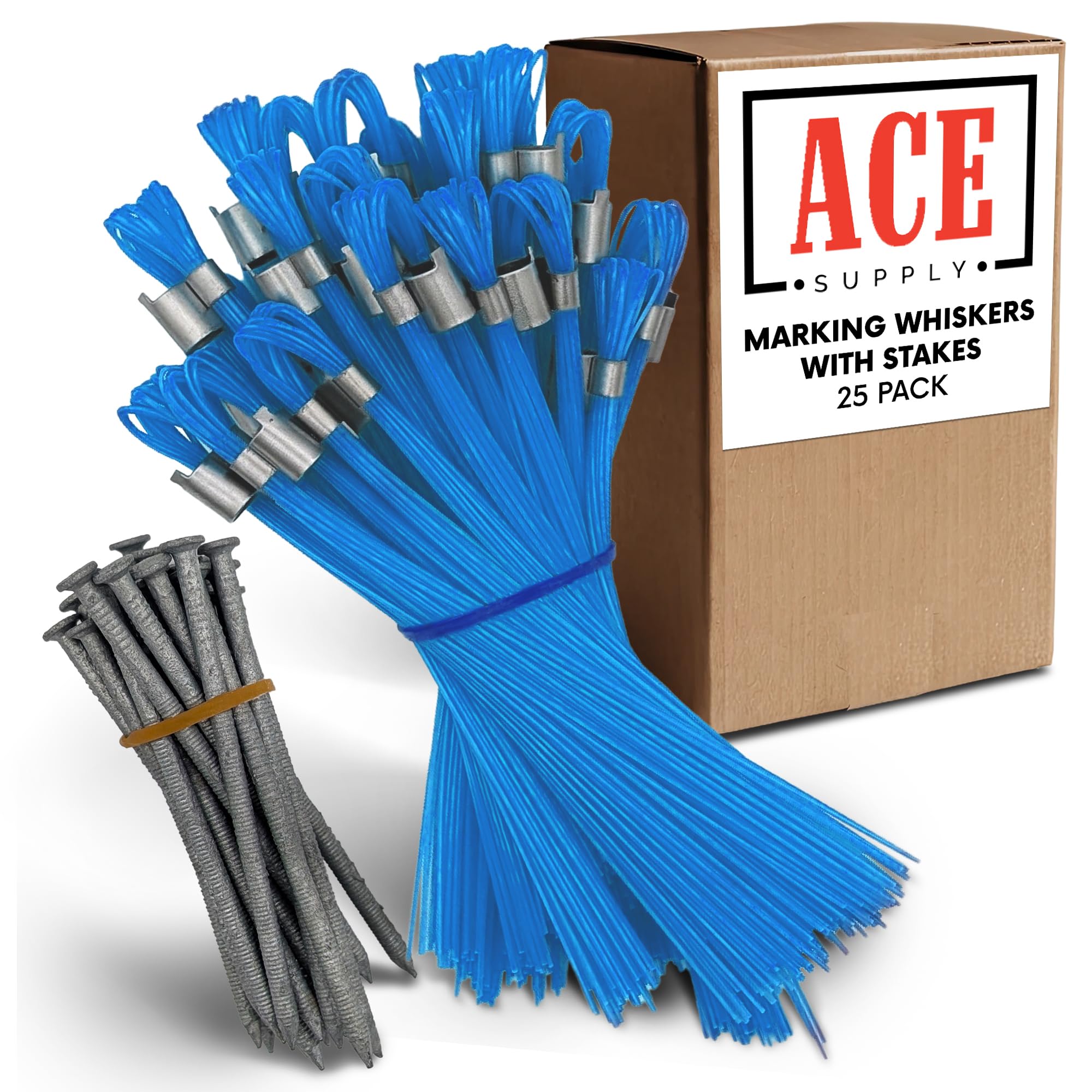 Blue Marking Whiskers With Stakes - 25 Pack - Durable Marking Whisker Set - Use Survey Whiskers As Ground Markers, Construction Markers, Or Trail Markers