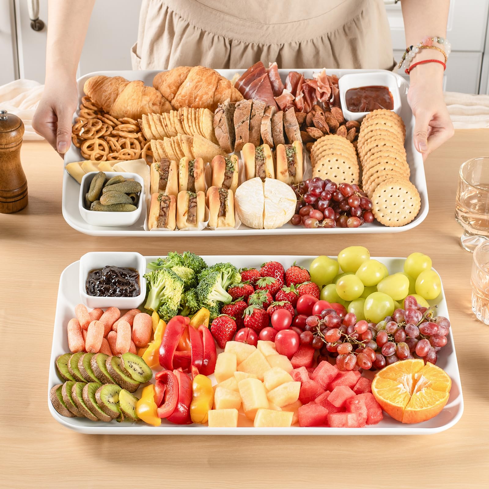 DELLING Large Serving Platter Set of 3, 16/14/12 Inch Porcelain Serving Trays for Party - Black Ceramic Rectangular Platters for Entertaining,Platter for Thanksgiving Christmas, Dishwasher Oven Safe