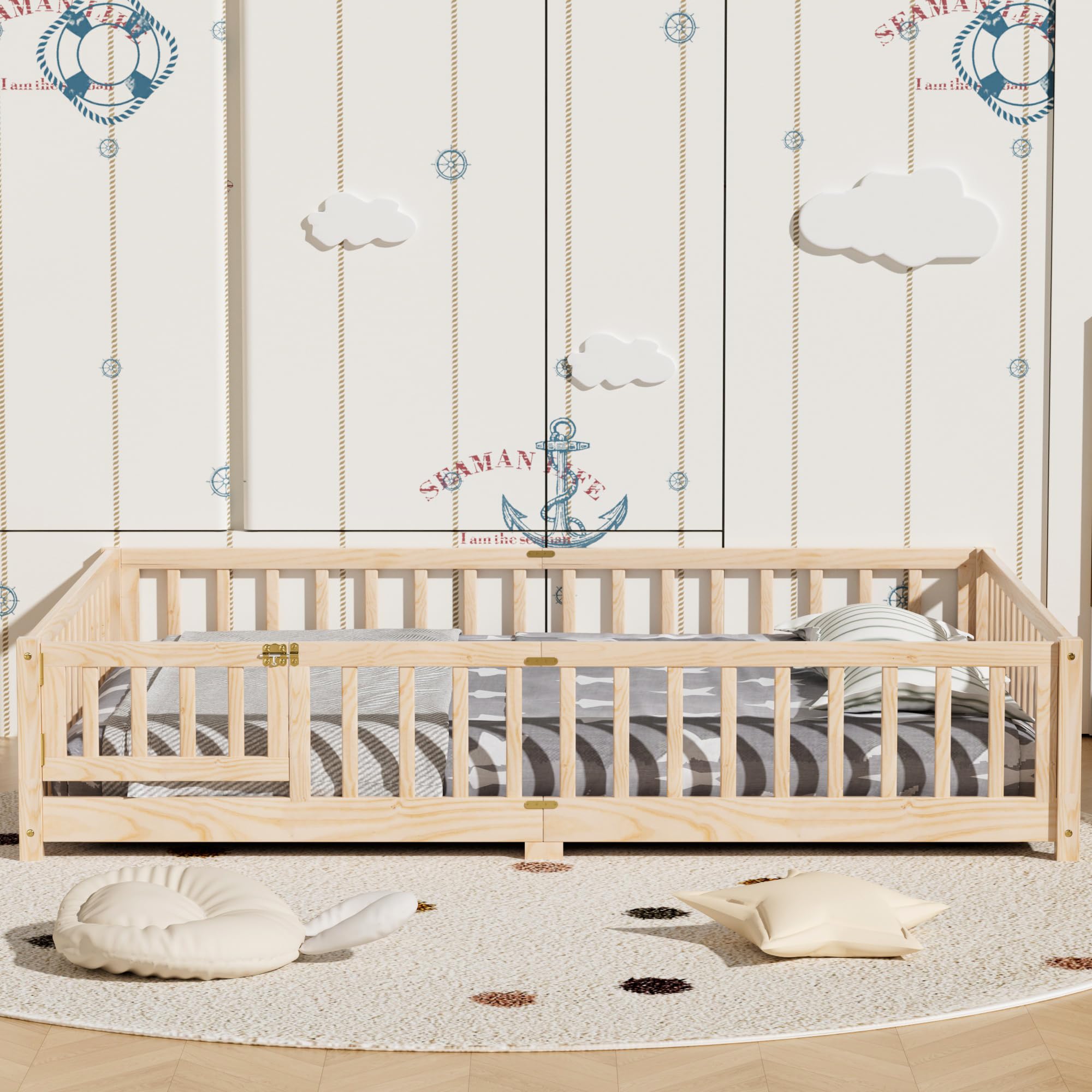i-POOK Queen Floor Bed for Children, Sturdy Wood Montessori Bed Frame with Wood Slats, High Fence & Small Door for Girls and Boys, Espresso (with Bed Slats)
