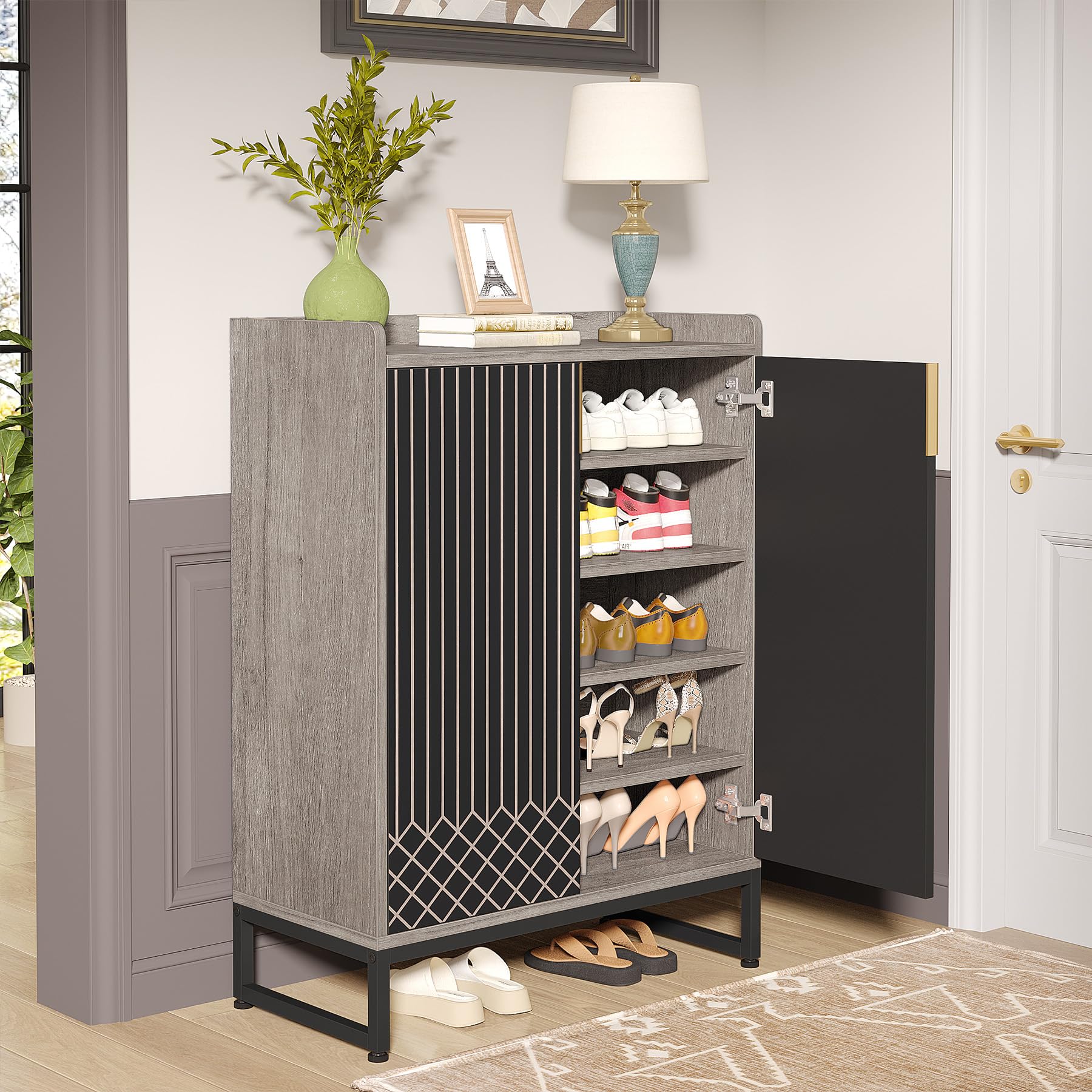 Tribesigns Modern Shoe Cabinet for Entryway, 25 Pairs Shoe Cabinet with Doors, Wood 5-Tier Shoe Organizer, Freestanding Brown Shoe Storage Cabinets with Black Metal Frame for Bedroom Living Room