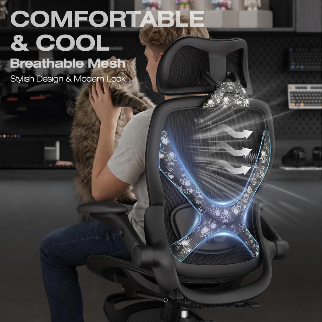 ELABEST X100 Ergonomic Office Chair with Footrest, Big and Tall Home Desk Chair with 5D Flip-Up Arms, Adjustable 3D Lumbar Support,High Back Rolling Computer Chair, Swivel Mesh Chairs (Coffee Break)