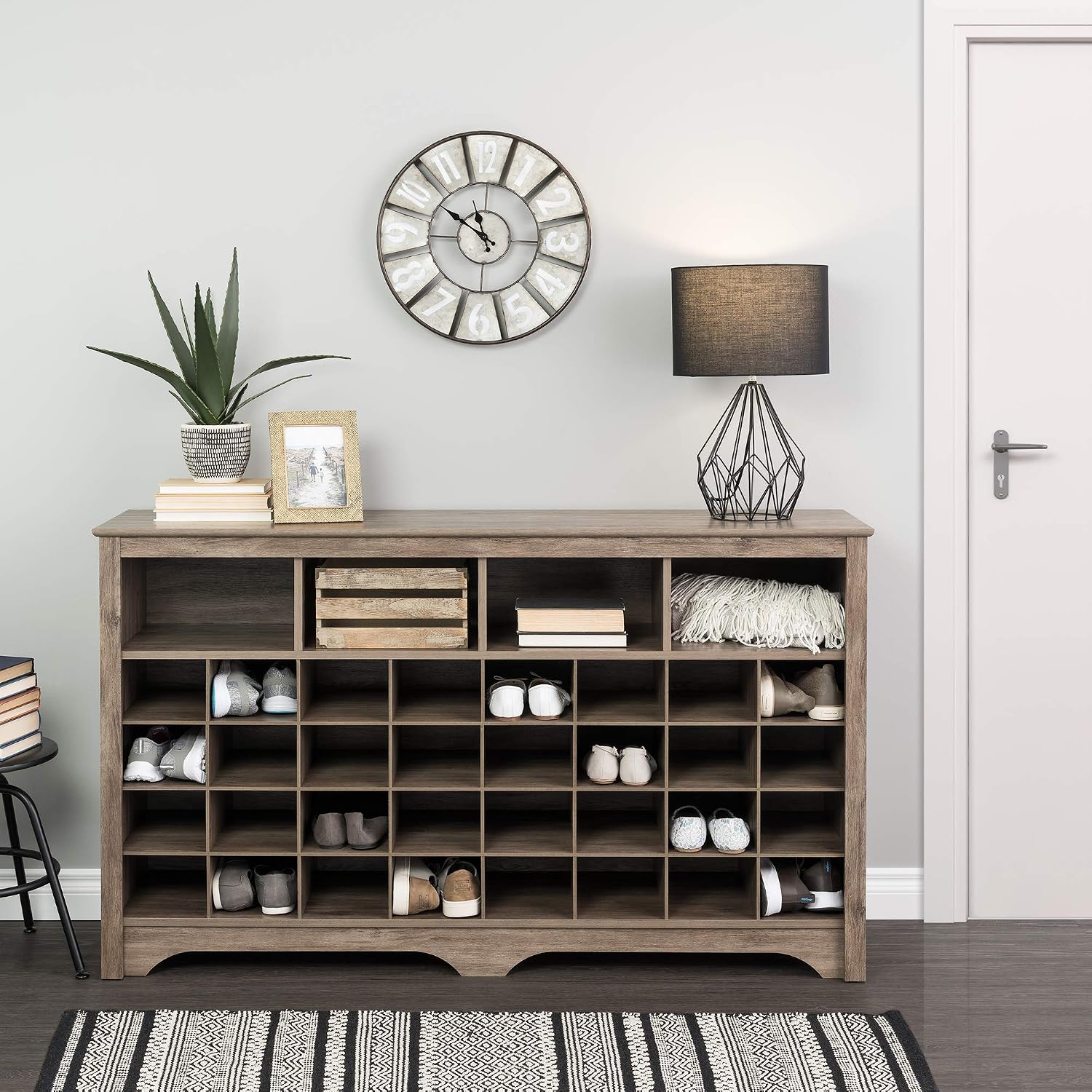 Prepac Gray Console Table, Shoe Cabinet, Storage Cabinet with 32 Shoe Cubbies and 4 Large Storage Cubbies 15.5" D x 60" W x 35" H