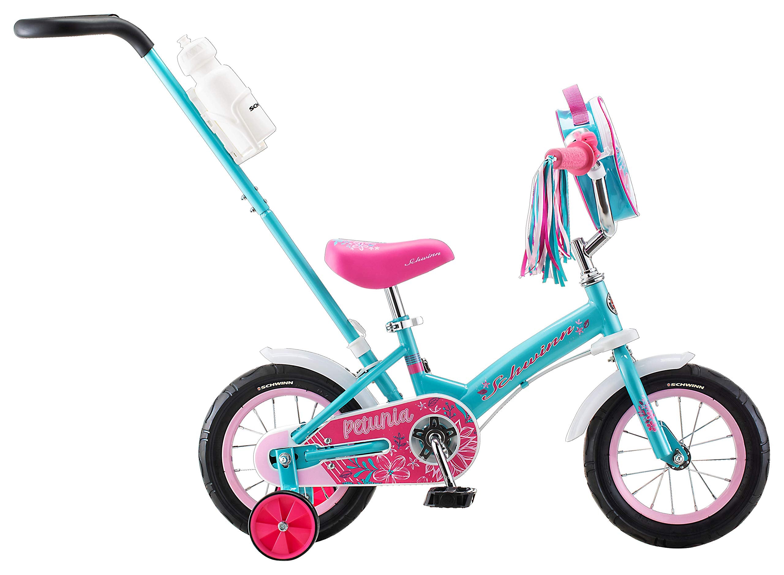 Schwinn Petunia and Grit Bike, Bike for Kids Ages 2-4, Steerable Beginner Bicycle with Training Wheels, Parent Push Handle, Rear Coaster Brake, Adjustable Seat