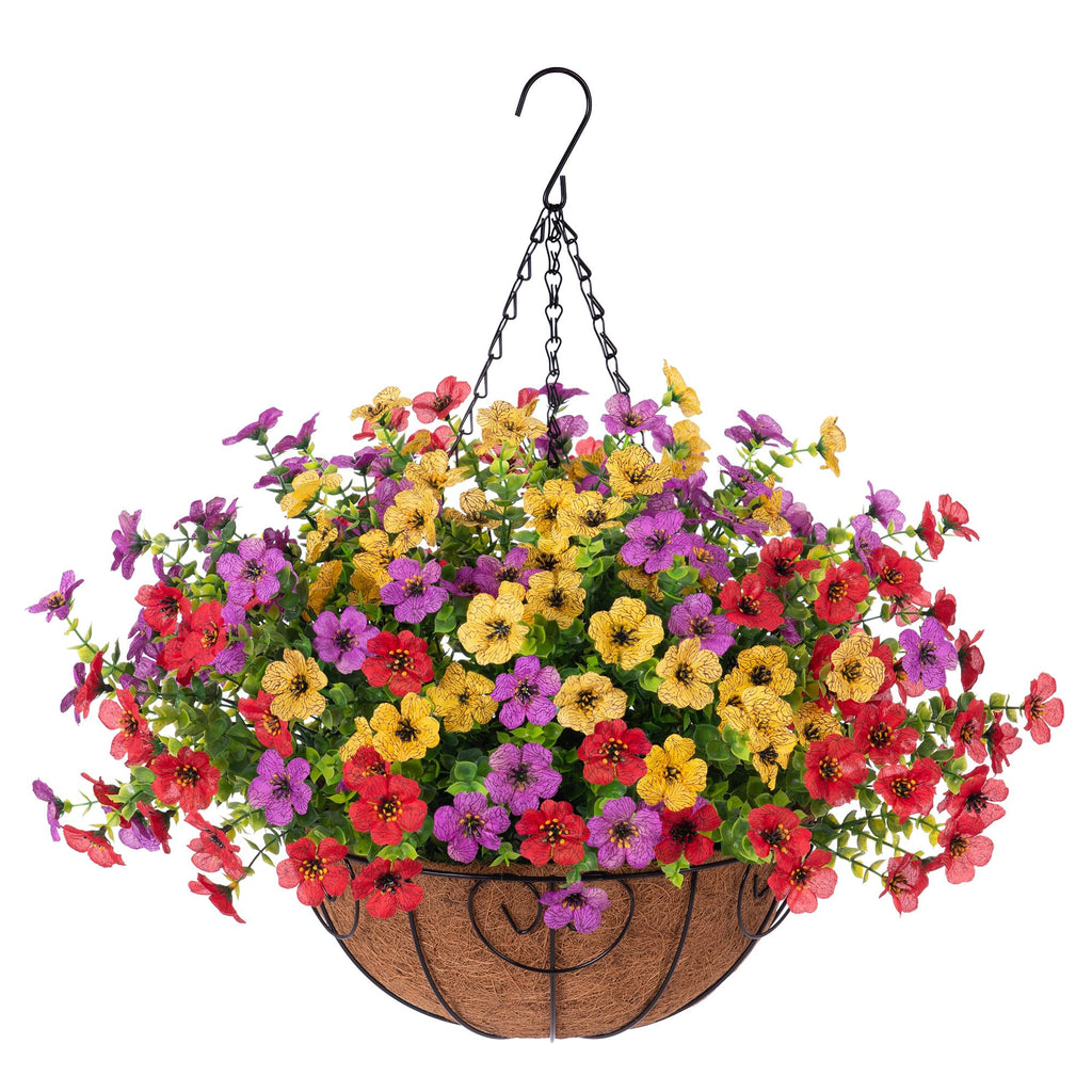 Ammyoo Artificial Faux Hanging Plants Flowers Basket for Spring Outdoor Decoration, Fake Silk Daisy UV Resistant Look Real with Eucalyptus Leaves Summer Outside Decor for Home Patio Garden