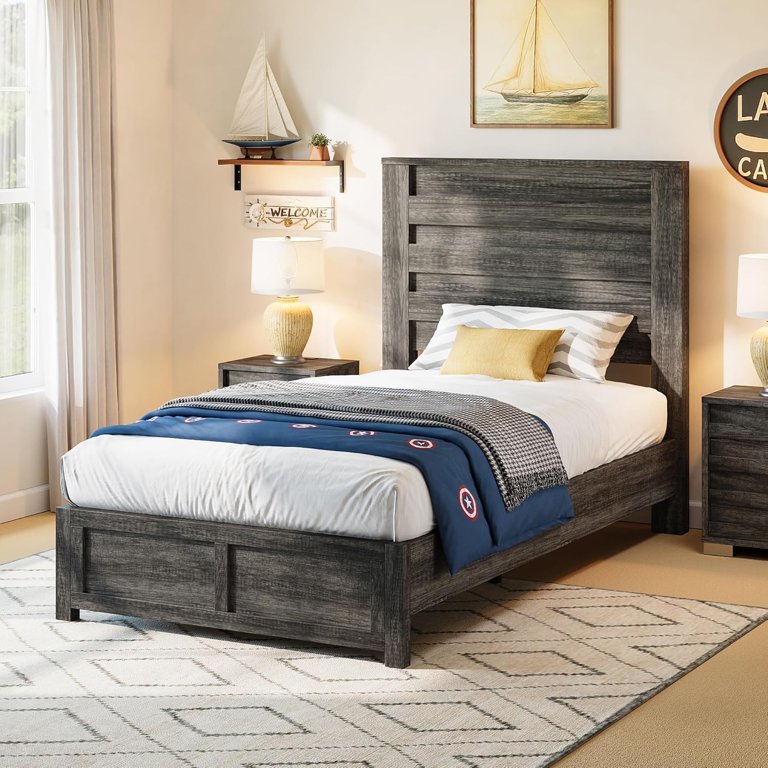 AMERLIFE Farmhouse Full Size Bed Frame with 49" Fluted Headboard, Wood Platform Bed with Natural Grain, No Box Spring Needed/Noise Free, Black