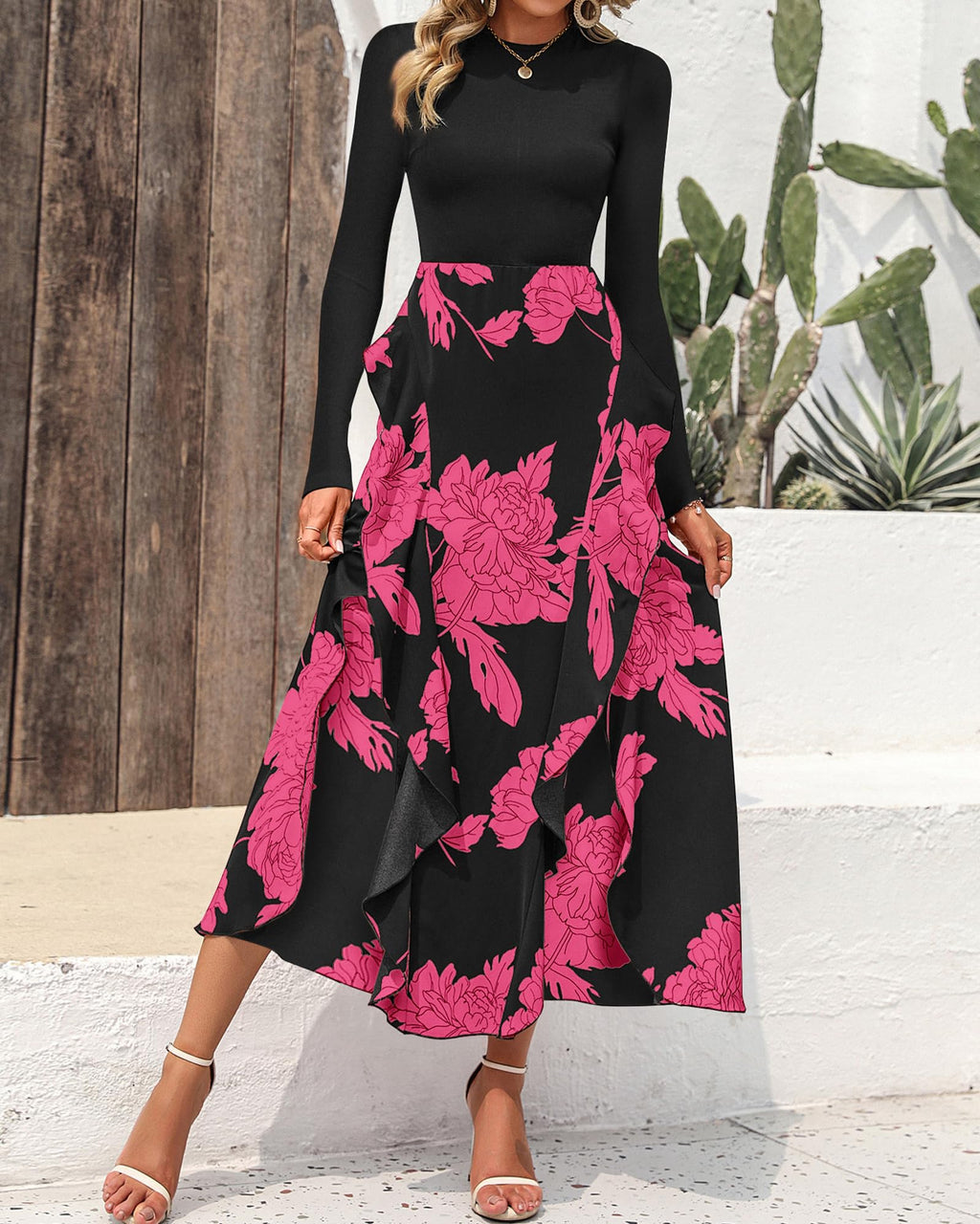 BTFBM Womens Floral Maxi Dress Fall 2025 Casual Crewneck Long Sleeve Ruffle Flowy Cocktail Wedding Guest Dresses