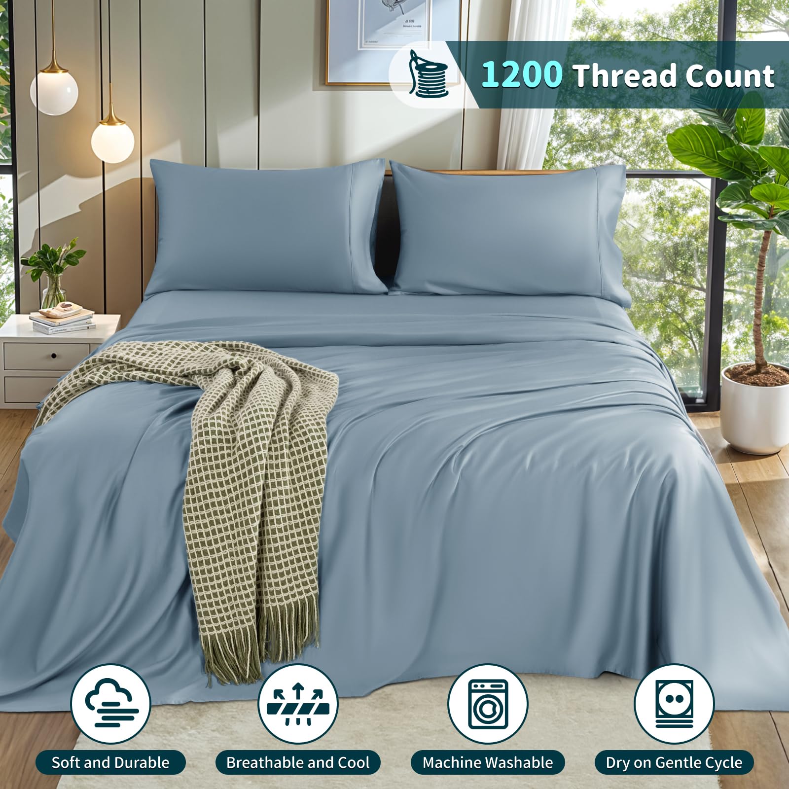 LBRO2M 100% Cotton 1200 Thread Count Full Size Sheets Set,16 inches Deep Pocket,Bed Sheet 4 Piece Sets (Black, Full)