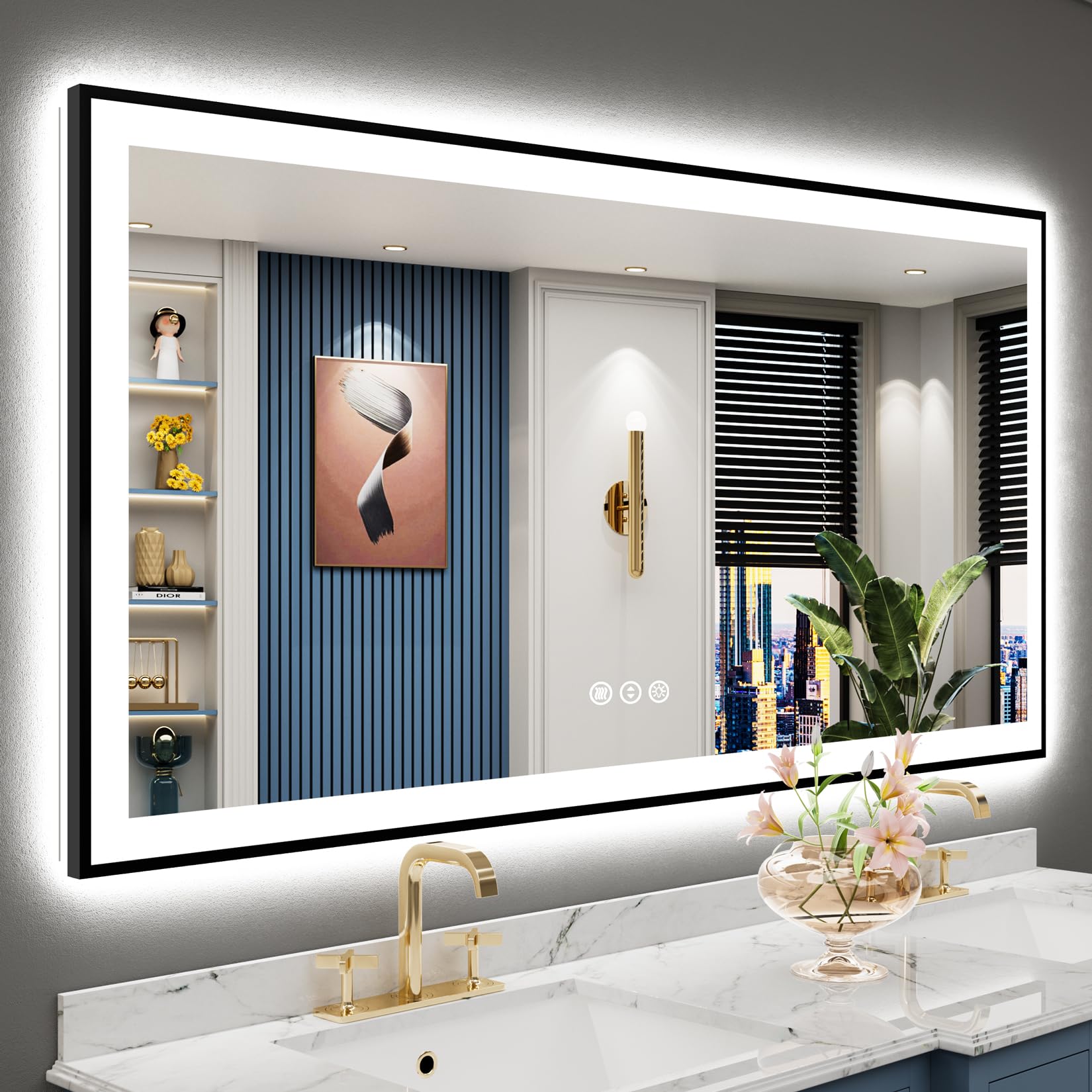 24x32 Black Framed LED Bathroom Mirror with Lights, Backlit and Front Lit Anti-Fog Lighted Vanity Mirrors for Bathroom Wall, Dimmable, 3 Colors, Memory, HD Tempered Glass, Horizontal/Vertical