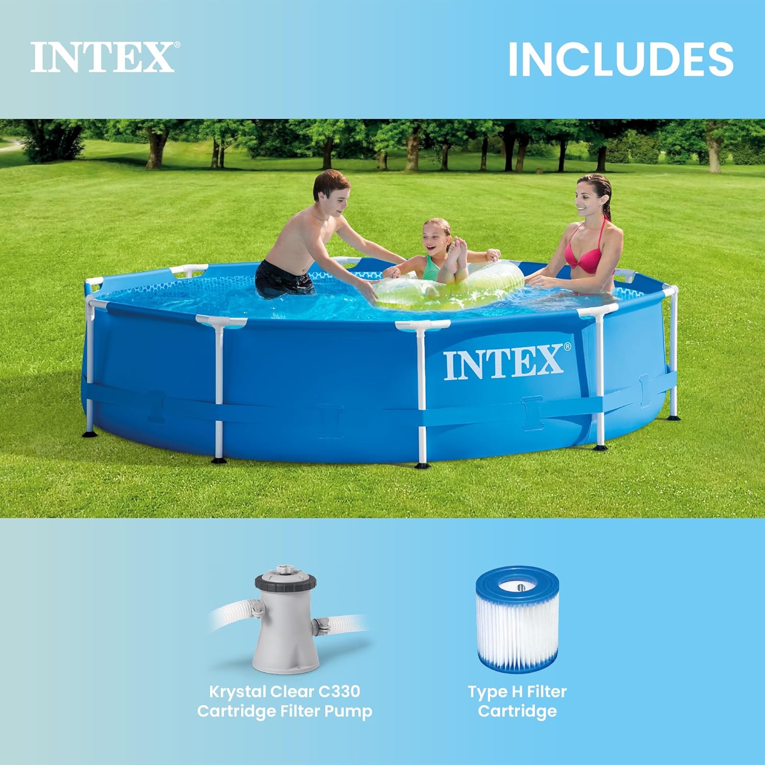 INTEX Metal Frame 10ft x 30in Round Above Ground Outdoor Swimming Pool Set with 330 GPH Filter Pump, Cartridge, and Protective Round Pool Cover