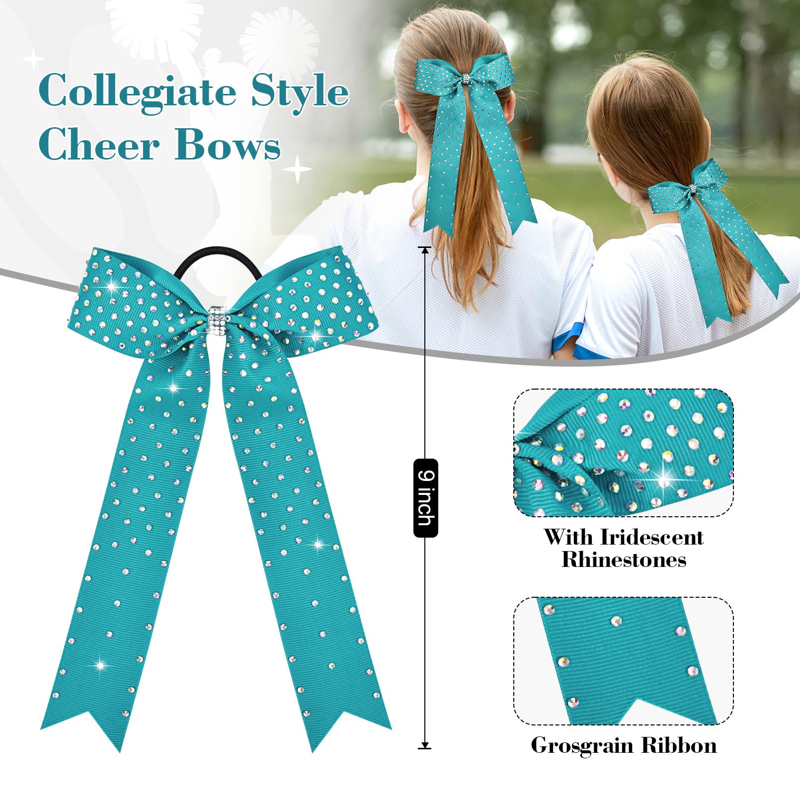 DEEKA 12 Count Collegiate Style Cheer Bows, Forest Green with Rhinestones, Handmade Bows for Girls Teens Cheerleader Sports