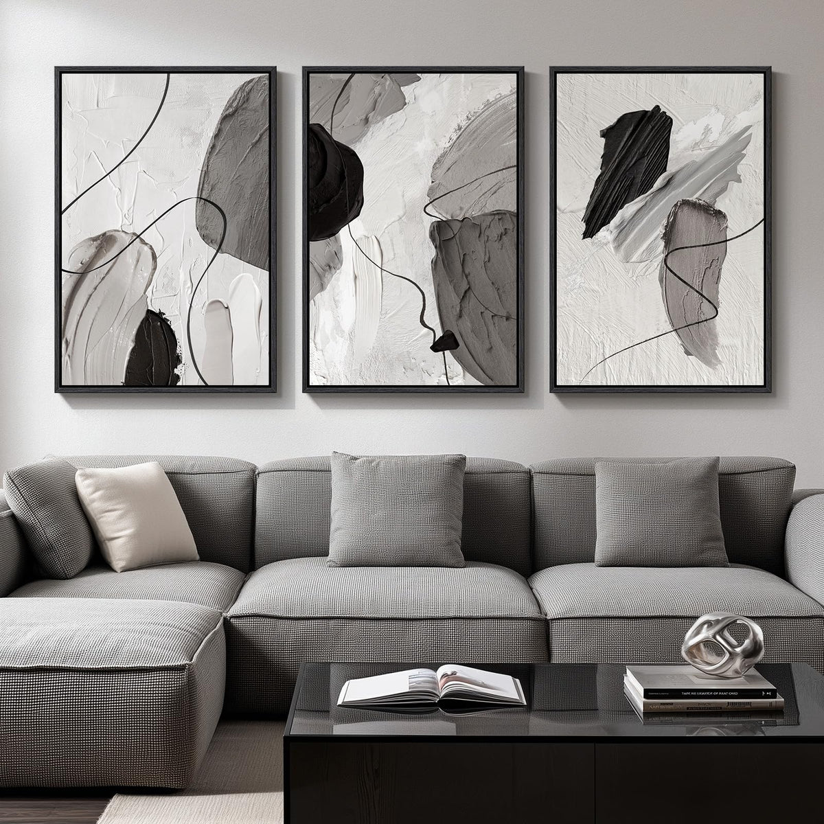 Framed Black and White Modern Abstract Wall Art, 3 Piece Canvas Prints Paintings Artwork for Walls, Minimalist Black White Grey Pictures for Living Room Dining Room Bedroom Office Wall Decor 16x24 In