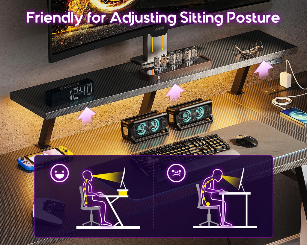 MOTPK Gaming Desk with LED Lights & Power Outlets, 47 Inch L Shaped Computer Desk with Storage Shelf, & Monitor Stand, PC Gaming Table with Carbon Fiber Texture, Black