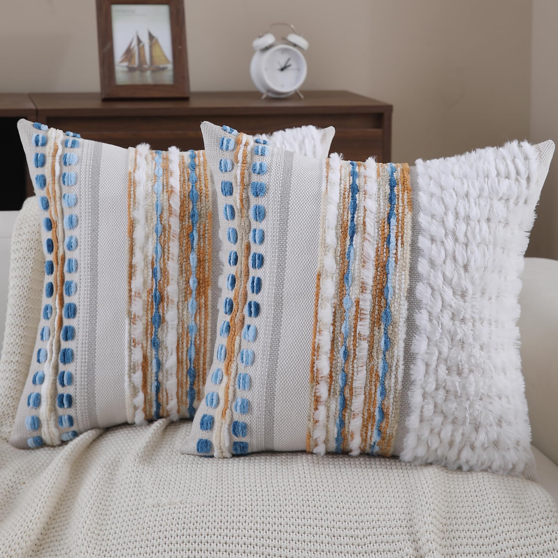 Boho Pillow Covers 18x18 Set of 2 for Couch-Modern Farmhouse Sofa Decorative Throw Pillow Covers Textured Chenille Cushion Covers Outdoor Netural Bohemian Pillow Cases Square