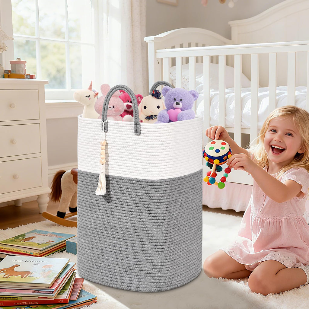 Woven Laundry Basket for Clothes, 50L Large Rectangle Laundry Hampers with Beads Tassel, Nursery Storage Basket for Toys, Tall Dirty Clothes Hamper for Bedroom Aesthetic, Laundry Room Organization