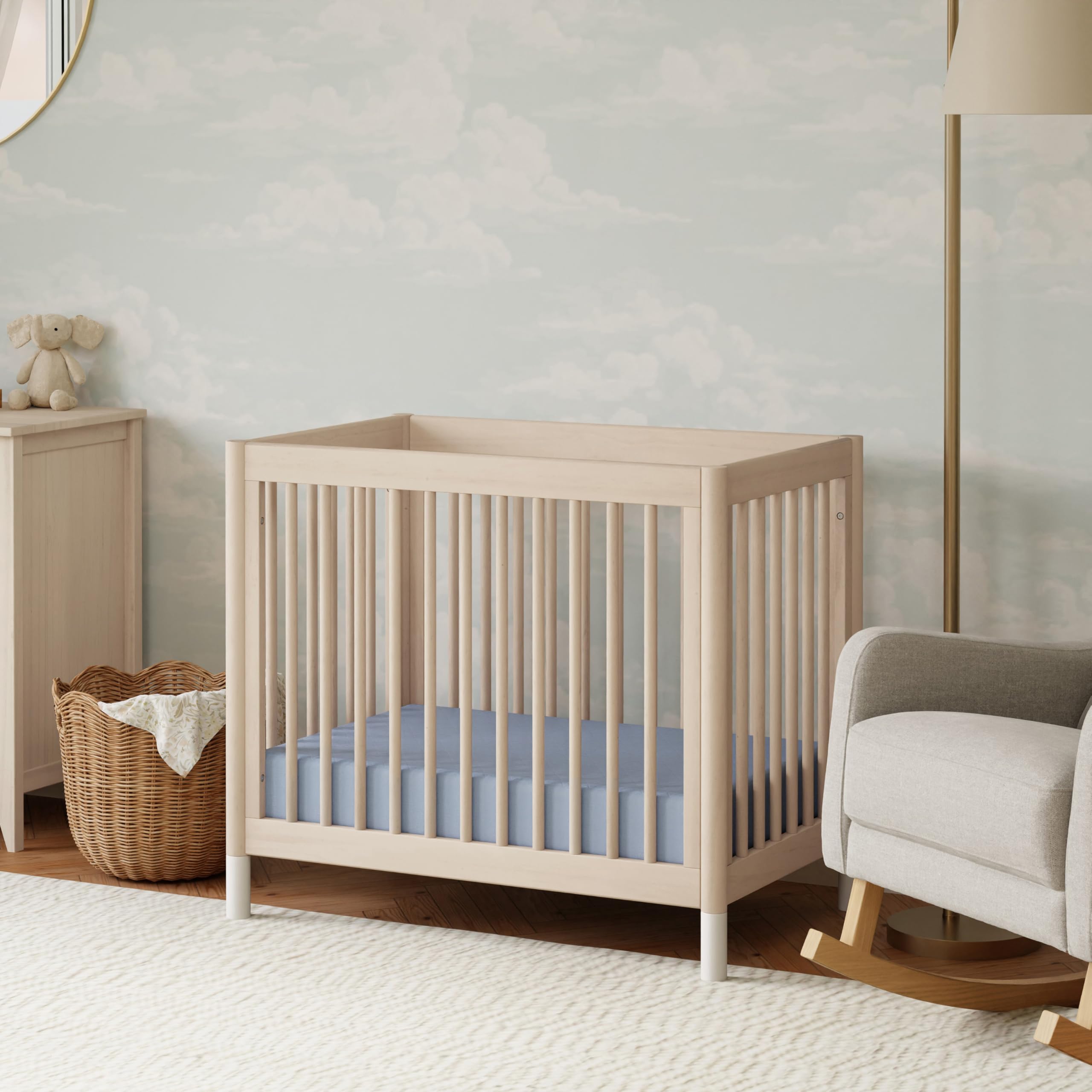 Babyletto Gelato 4-in-1 Convertible Mini Crib with Toddler Bed Conversion in Honey with Vegan Tan Leather Feet, Greenguard Gold Certified