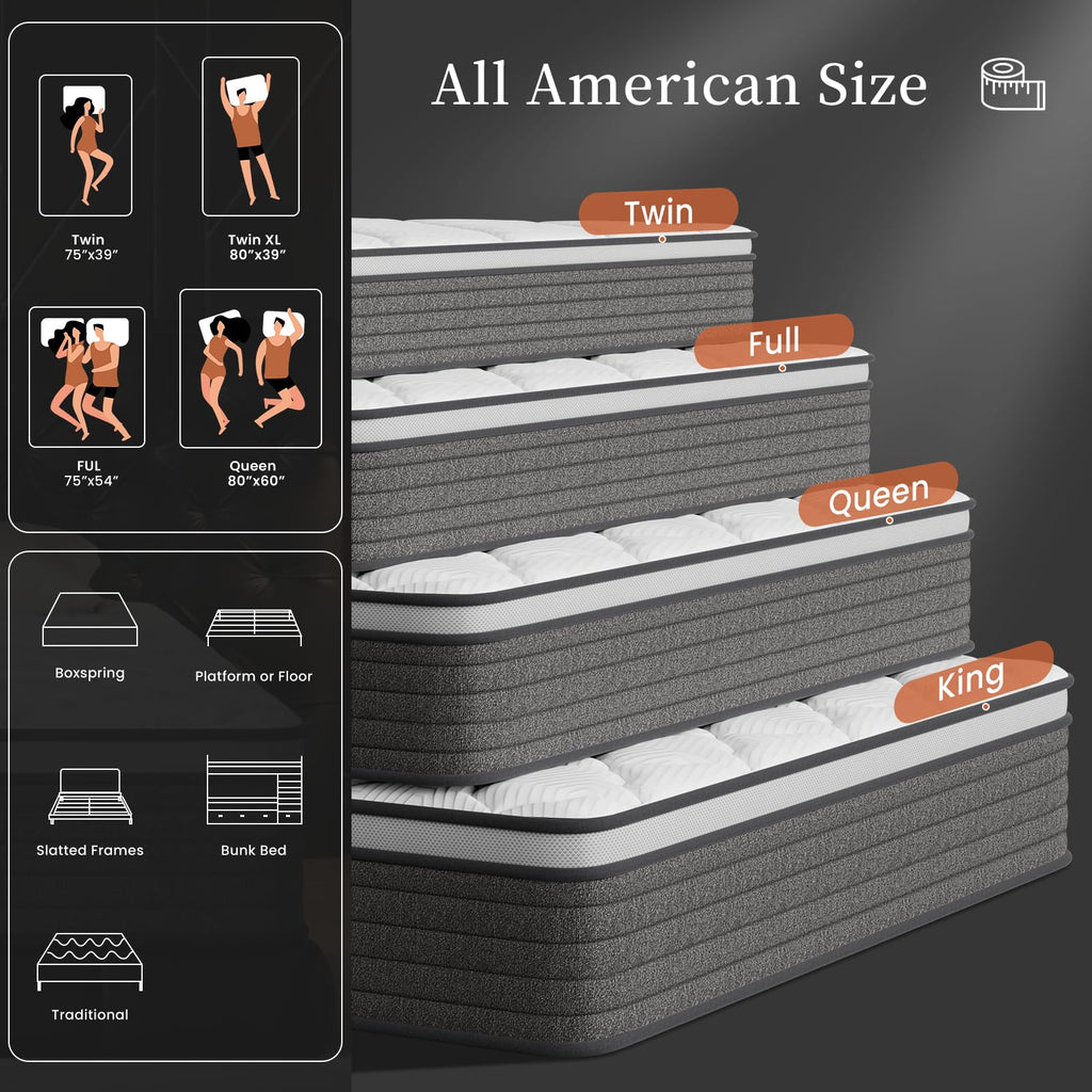 PUBPLON Twin Mattress, Hotel Luxury Hybrid 12 Inch Twin Size-Gel Memory Foam Mattress in a Box (New Version), Individually Wrapped Pocket Spring, Pressure Relief, Medium Firm
