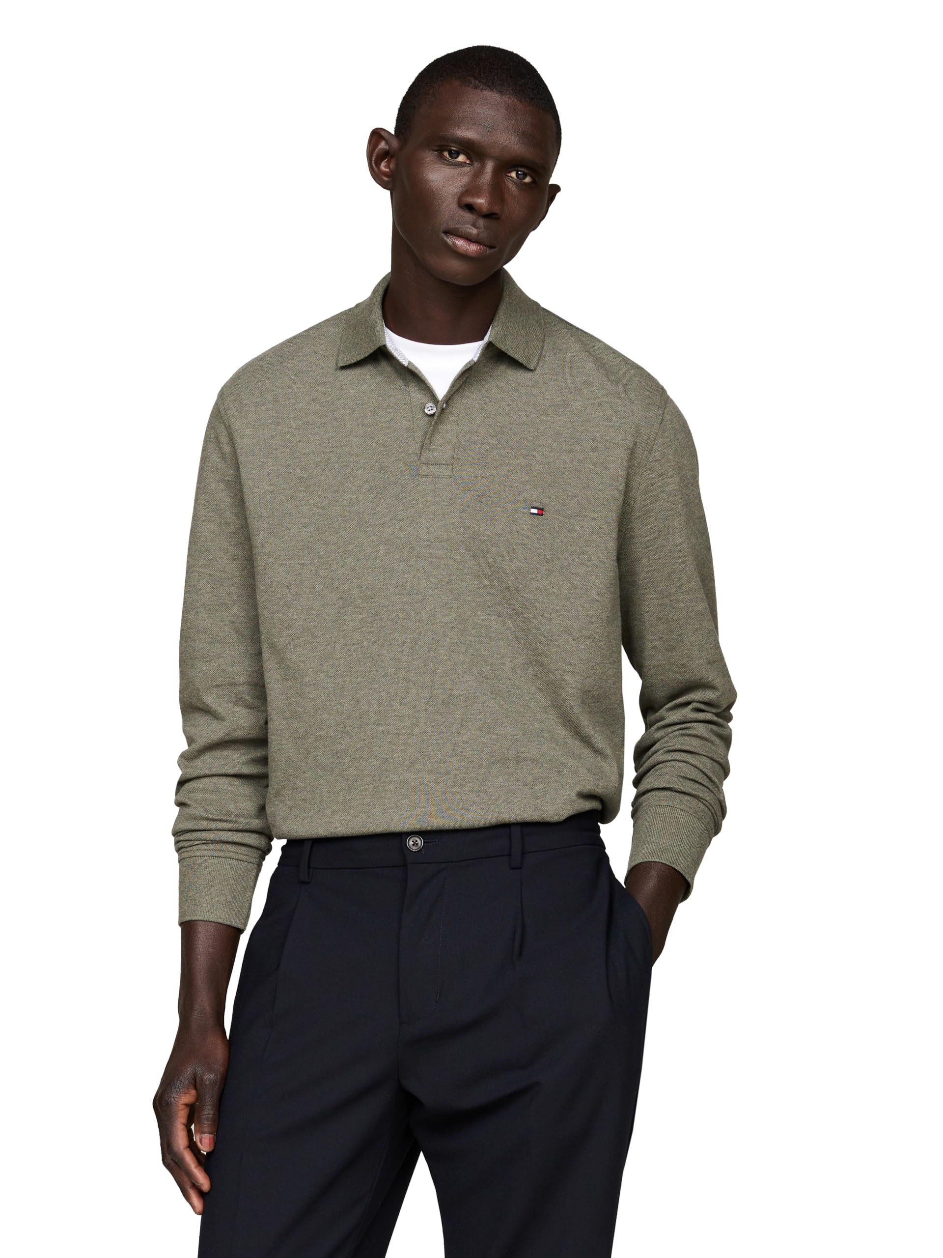 Tommy Hilfiger Men's Long Sleeve Polo Shirts in Regular Fit with Stretch and Organic Pique Cotton