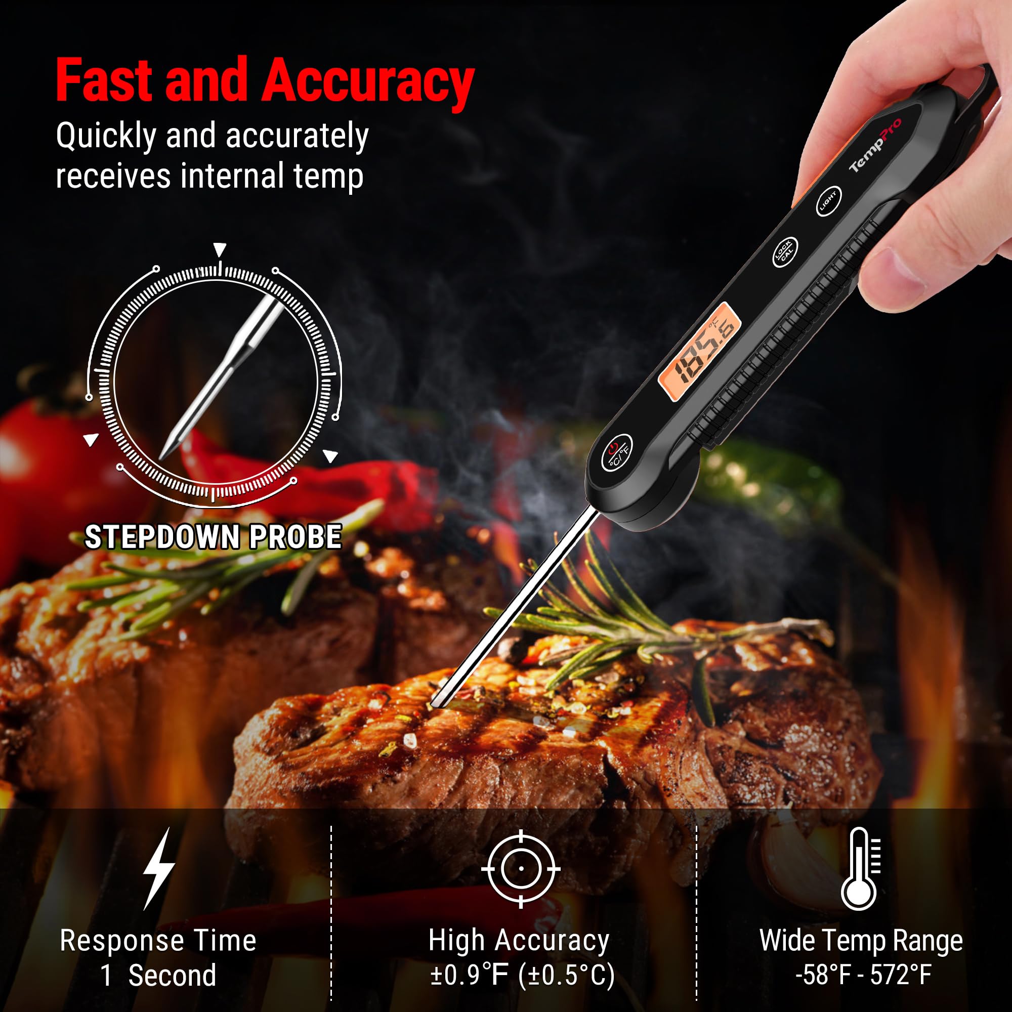 TempPro Digital Instant Read Meat Thermometer for Grilling, Waterproof Food Thermometer with Calibration Backlight Baking Bread Candy Thermometer Cooking Gift for Dad Husband (Previously ThermoPro)